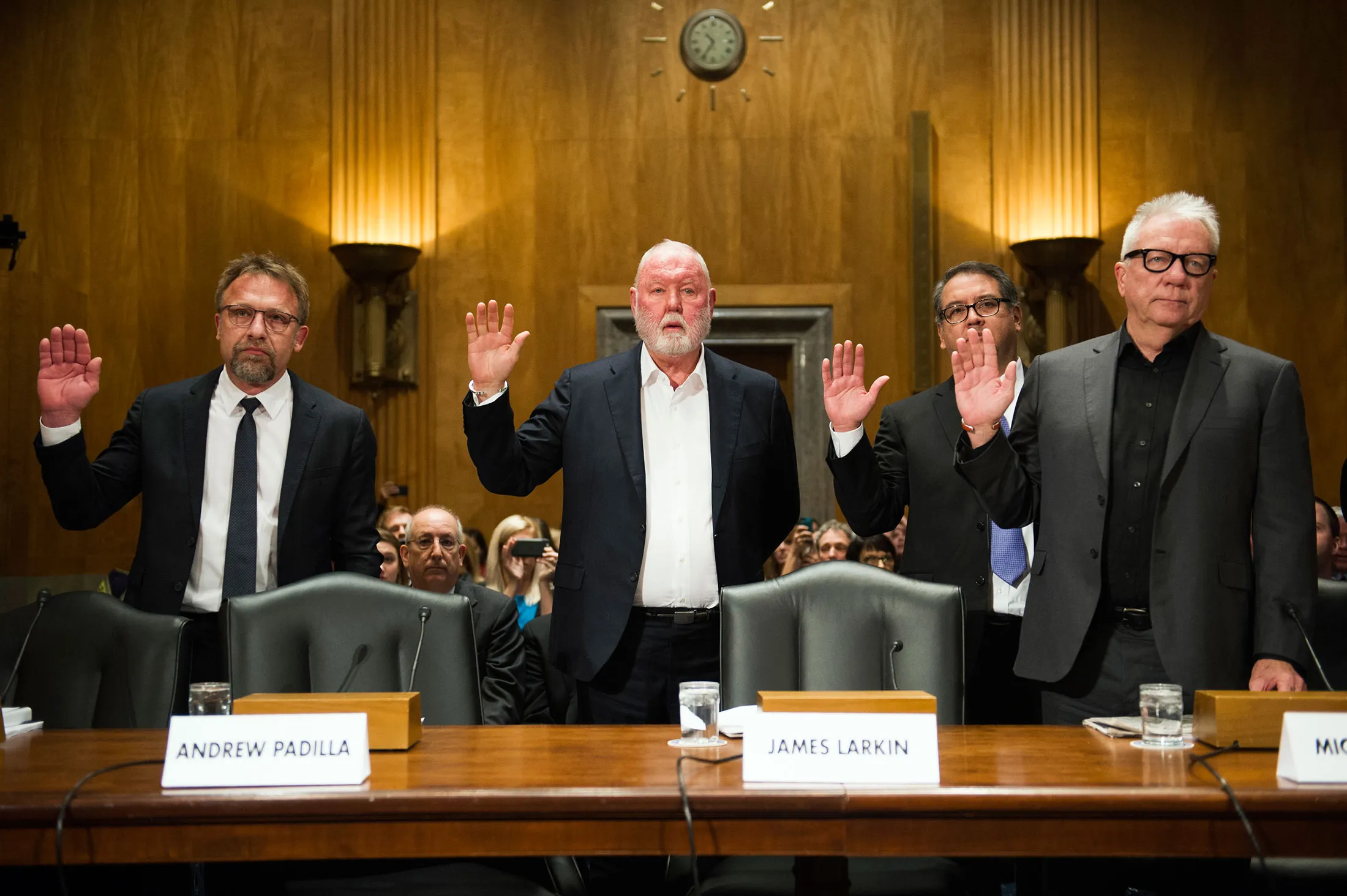 Backpage.com CEO Carl Ferrer, former owner James Larkin, COO Andrew Padilla, and former owner Michael Lacey, are sworn-in on Capitol Hill in Washington, prior to testifying before the Senate Homeland Security and Governmental Affairs subcommittee., Jan. 10, 2017.
