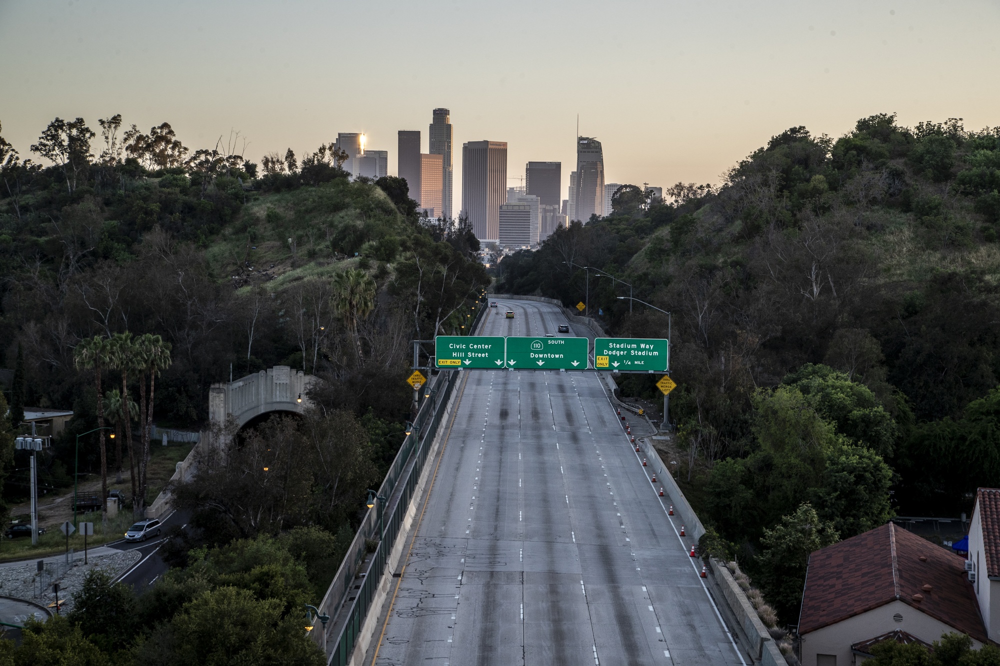 The 110 freeway in Los Angeles—traffic-free during coronavirus lockdowns. But that won’t last.&nbsp;