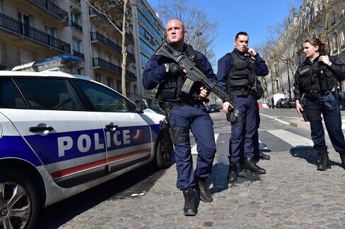 Police secure the scene near IMF offices in Paris, March 16.
