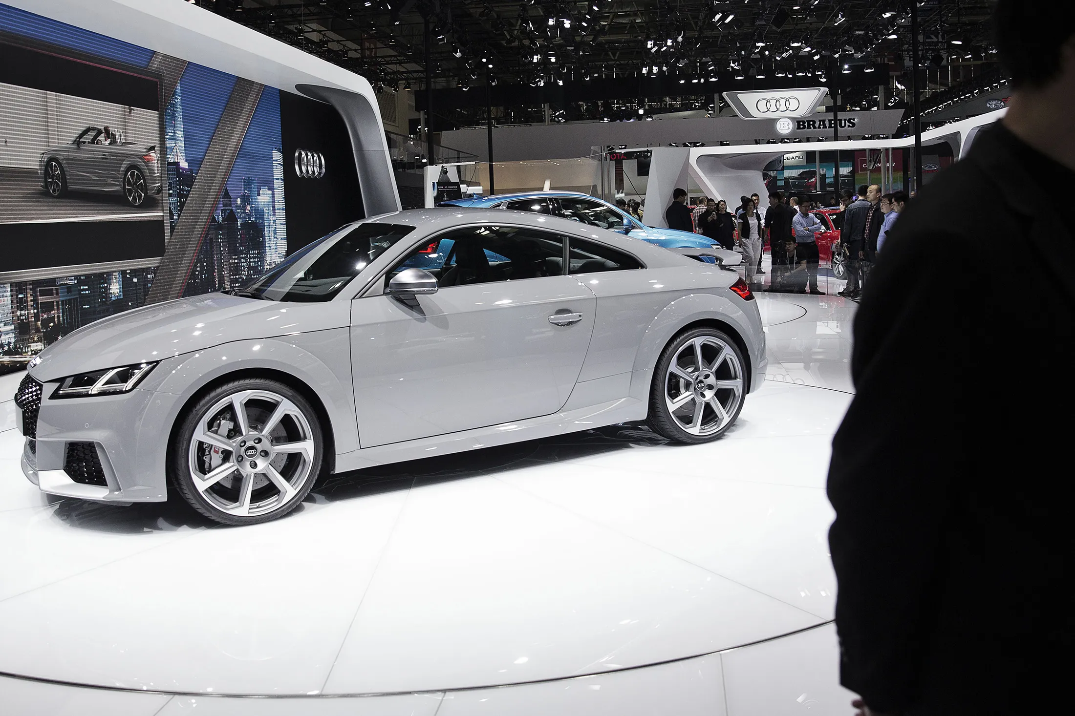 An Audi AG TT RS coupe stands on display at the Beijing International Automotive Exhibition in Beijing, China, on Tuesday, April 26, 2016. The show opens to the public on April 27.
