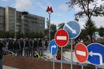 Members of the Russian national guard stand at a metro entrance a demonstrator during a rally against the exclusion of opposition candidates, Aug. 3.