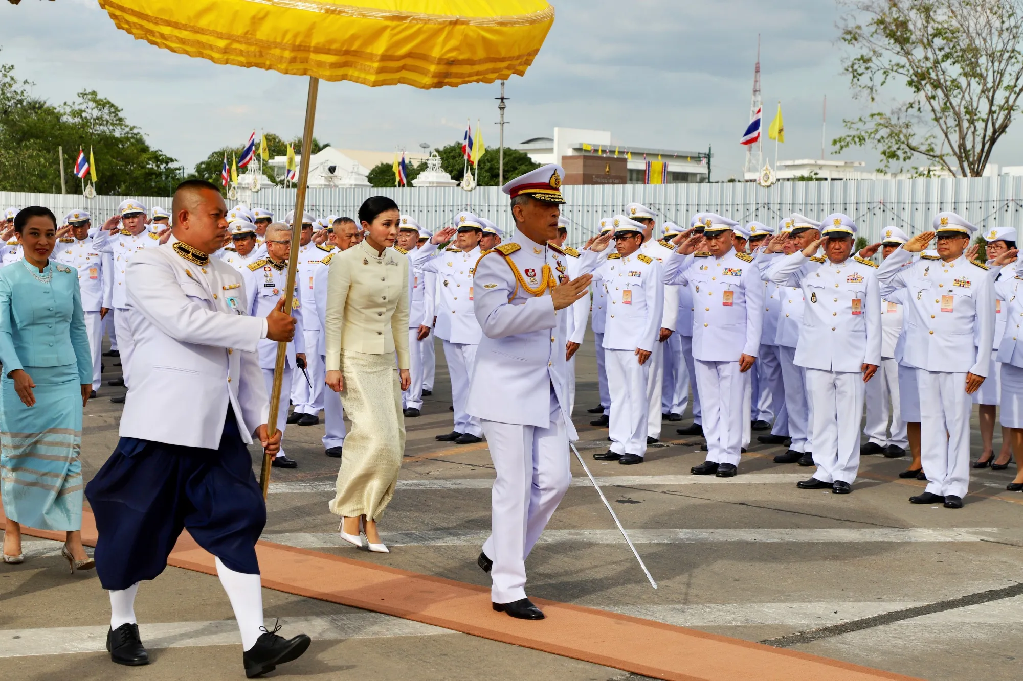 King Maha Vajiralongkorn, Queen Suthida, and Princess Bajrakitiyabha, far left, on May 2.