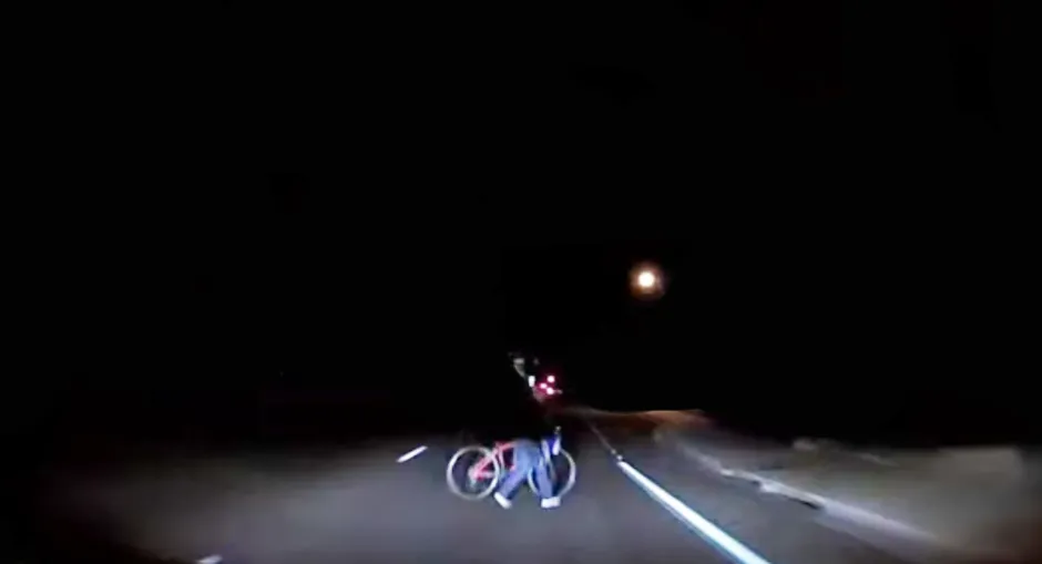 A screenshot from a dashcam video taken by an autonomous Uber vehicle on March 18 in Tempe, AZ. The pedestrian, Elaine Herzberg, was killed when the car struck her. This image has been edited for clarity.