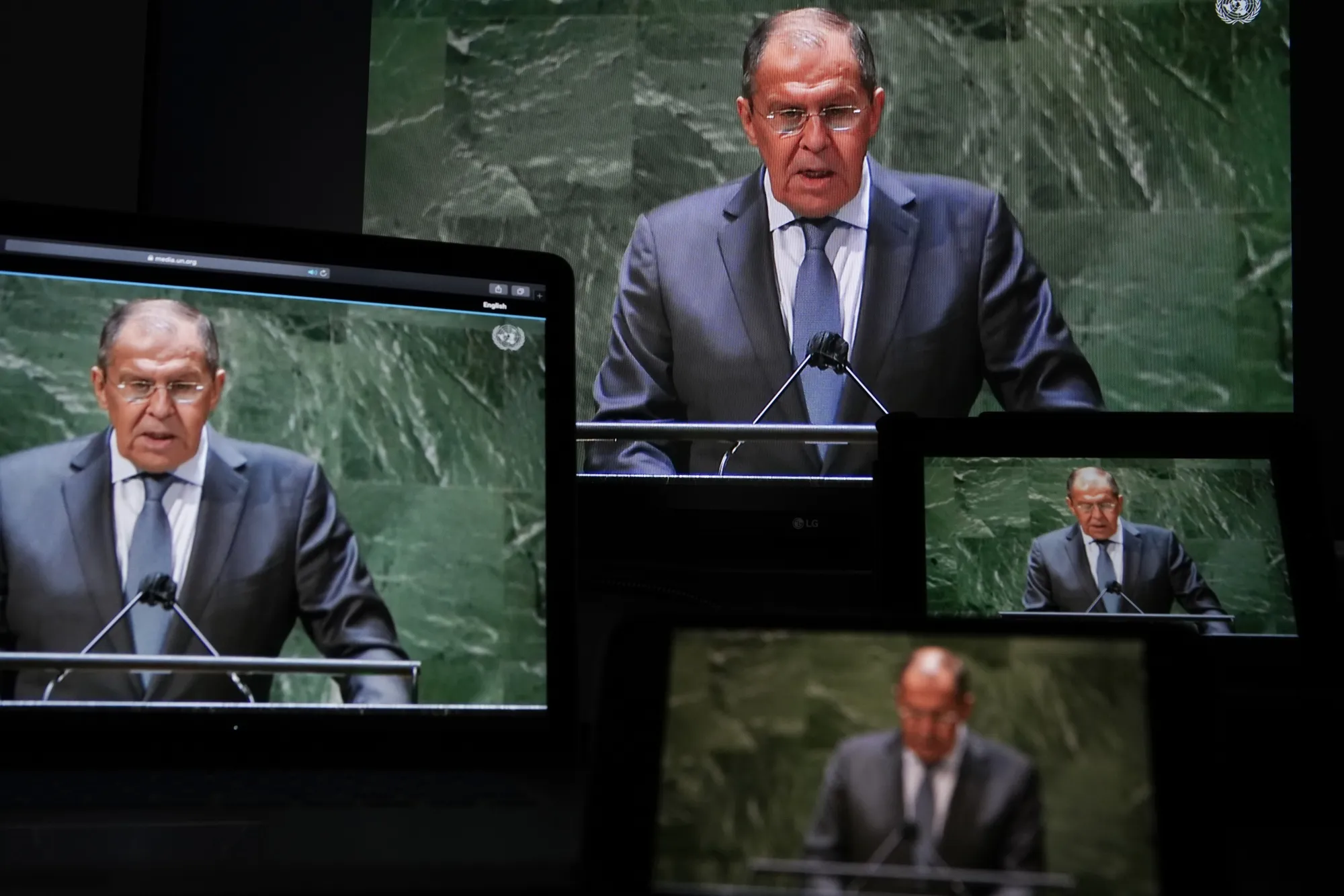 Sergei Lavrov speaks during the United Nations General Assembly via live stream in New York on Sept. 25.