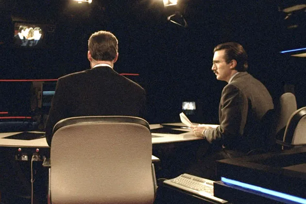 SportsCenter announcer Keith Olbermann (R) on air with Dan Patrick at ESPN studios in 1992