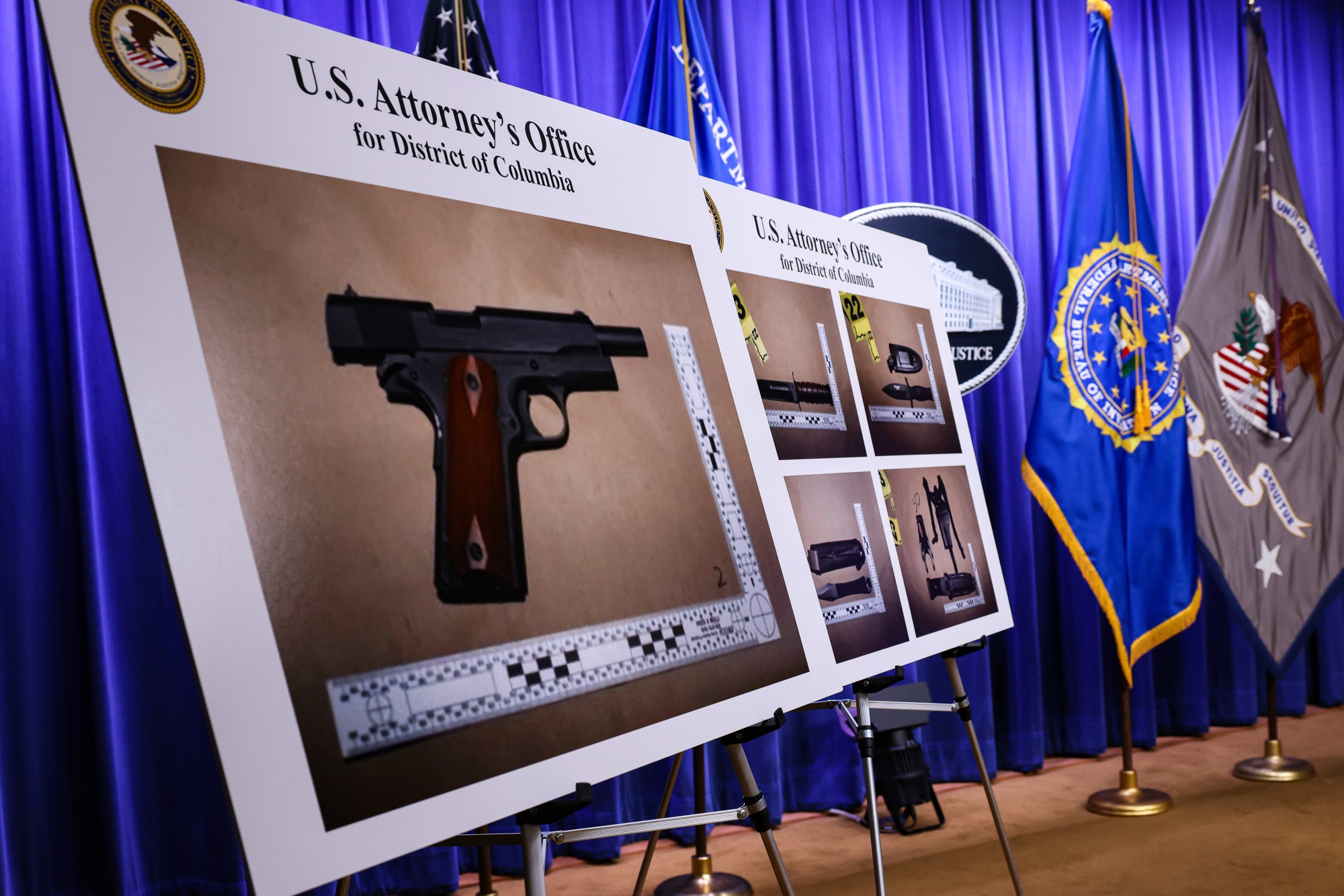 An image of a firearm during a news conference at the Department of Justice in Washington, DC, US, on Monday, April 27, 2026. A California man is being charged with trying to kill US President Donald Trump during an attack on a Washington gala dinner over the weekend. Photographer: Valerie Plesch/Bloomberg 