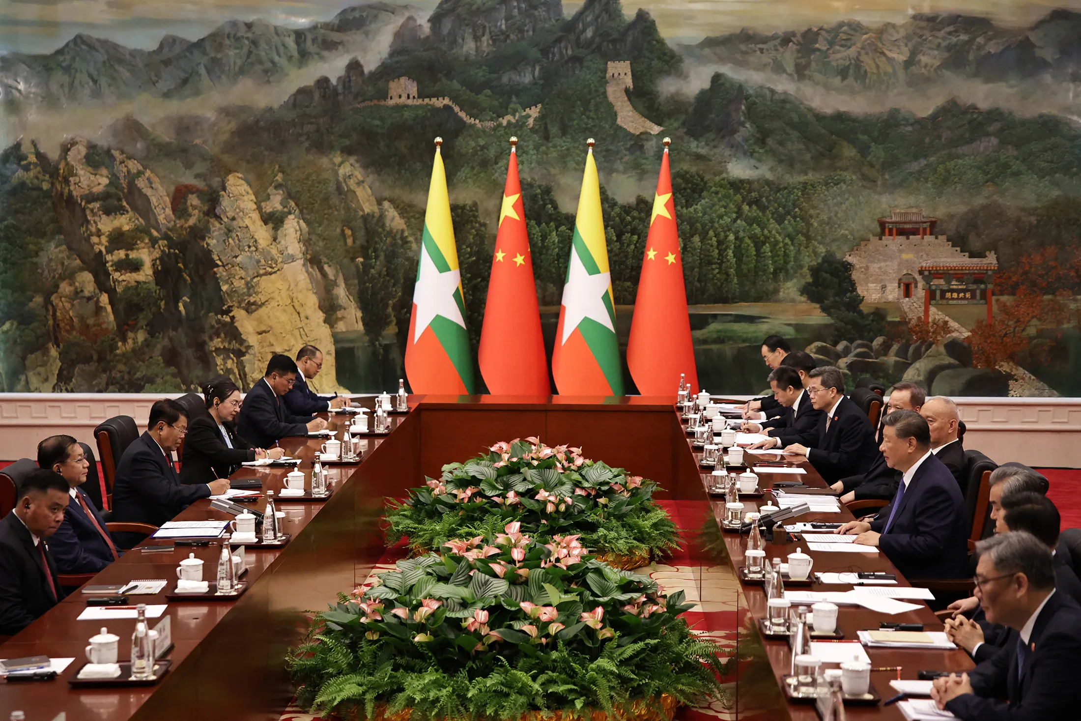 Xi Jinping, fourth right, speaks during a bilateral meeting with Min Aung Hlaing, second left, ahead of the Shanghai Cooperation Organization (SCO) Summit 2025 in Tianjin, China, on Aug. 30.