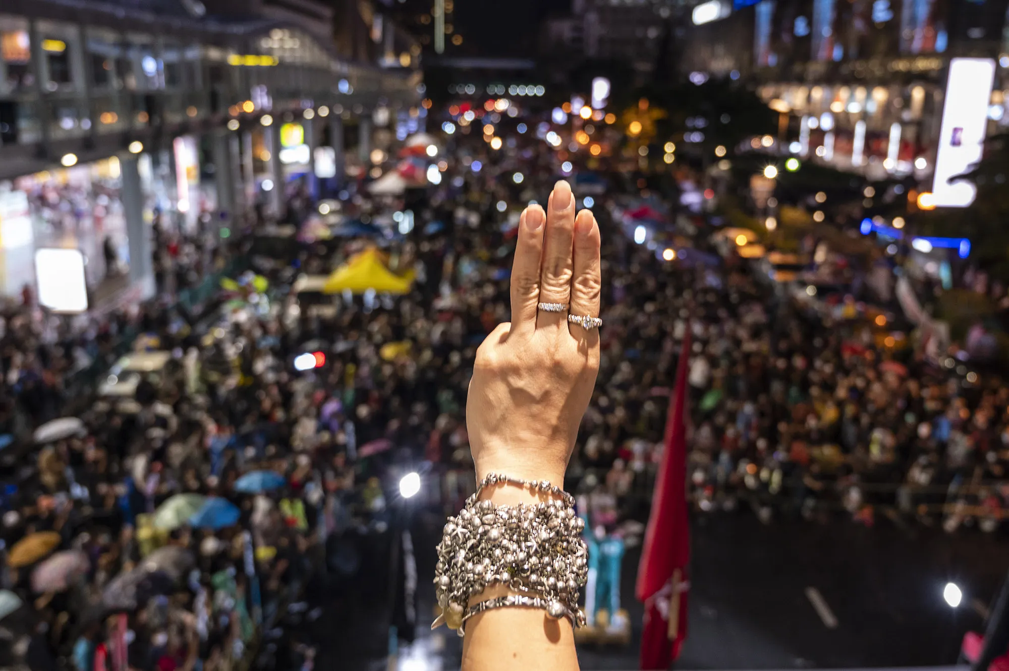Protesters give the three-fingers salute at the anti-government gathering in Beangkok on Oct.&nbsp;31.&nbsp;