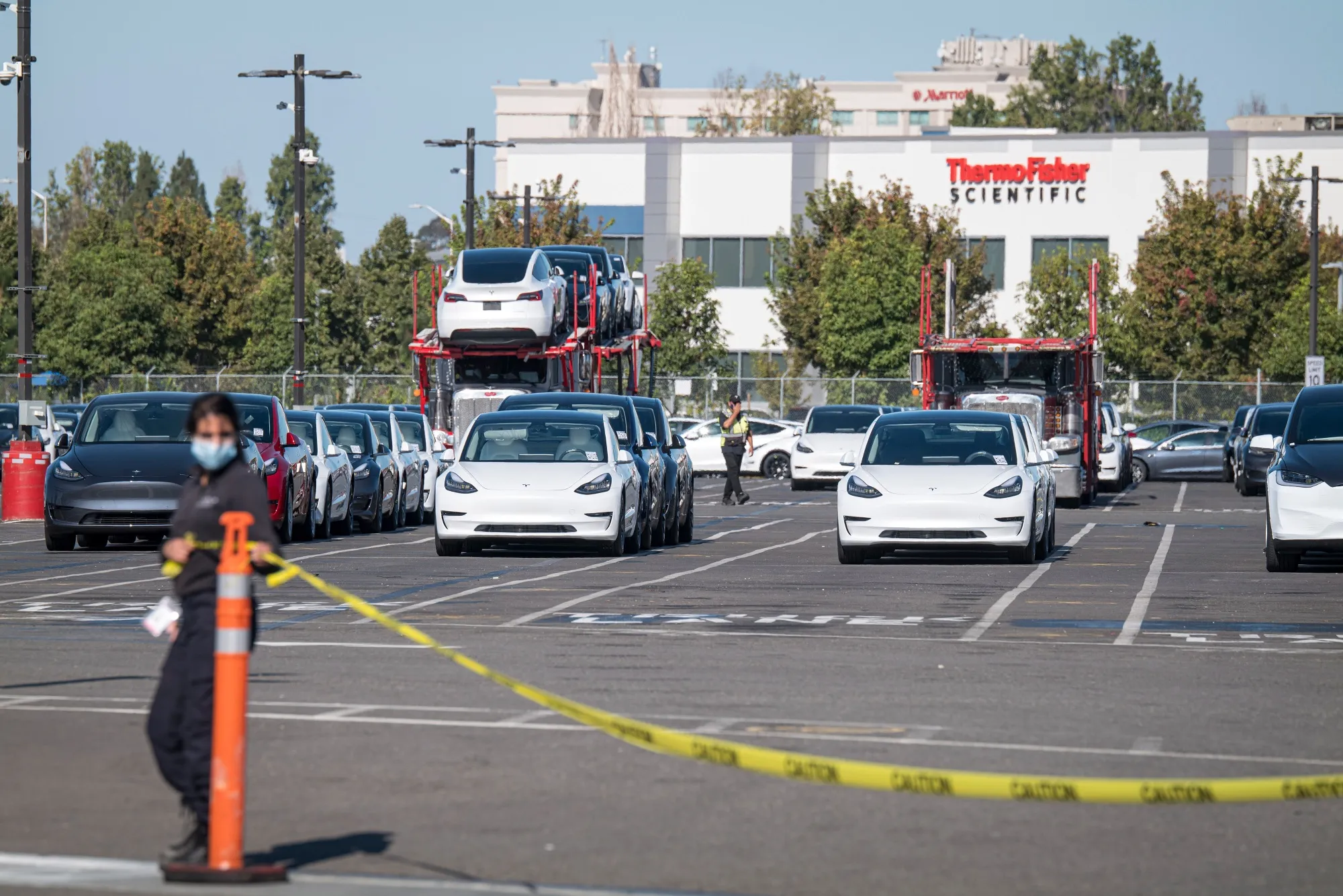 The entrance to the vehicle holding lot outside&nbsp;Tesla’s assembly plant in Fremont, California.