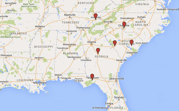A map of six black churches that recently burned.