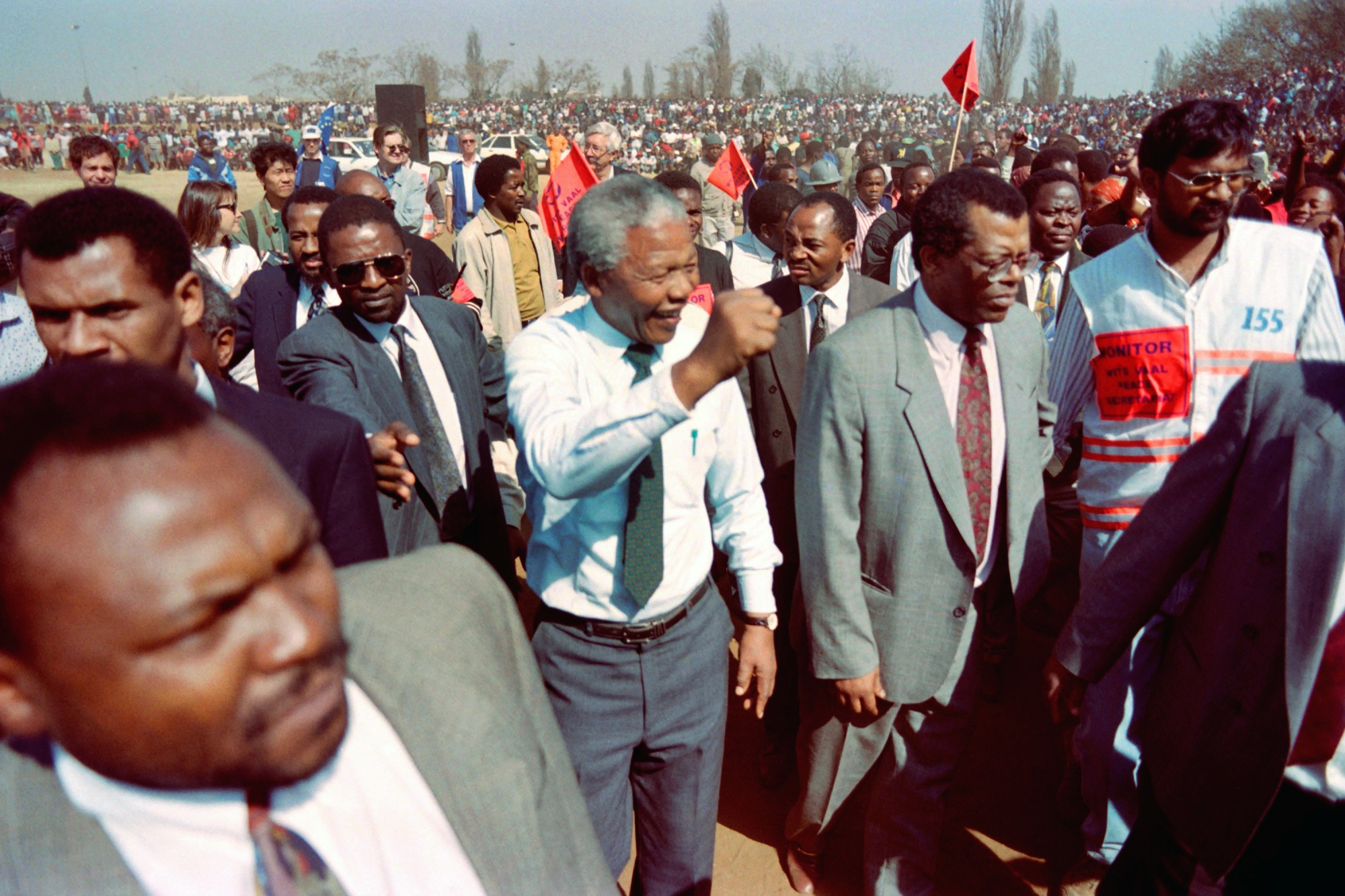 African National Congress (ANC) President Nelson Mandela arrives at a rally in Katlehong in August 1993, eight months before South Africa's first universal election.