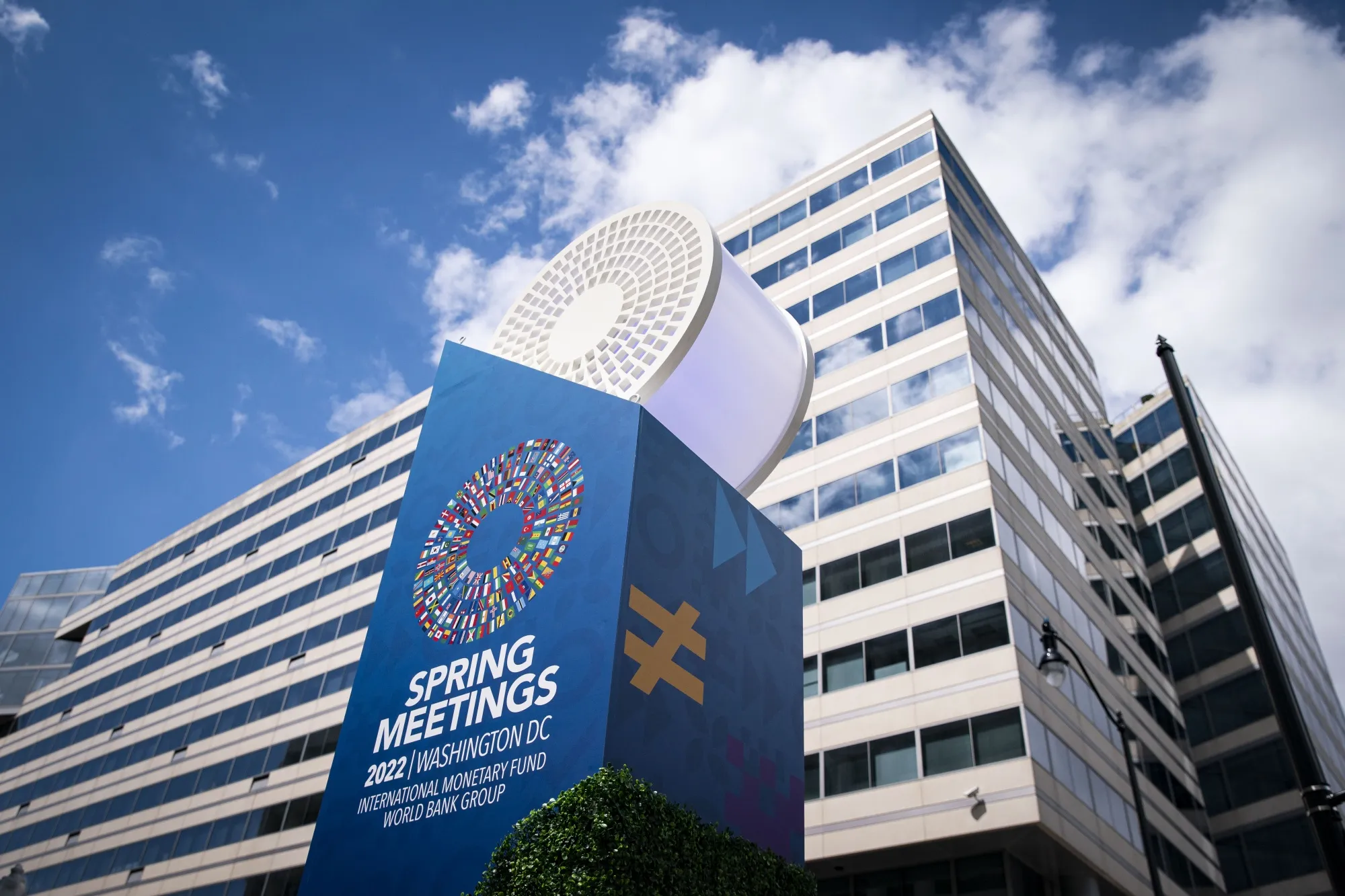 Spring meetings signage outside the IMF headquarters in Washington.