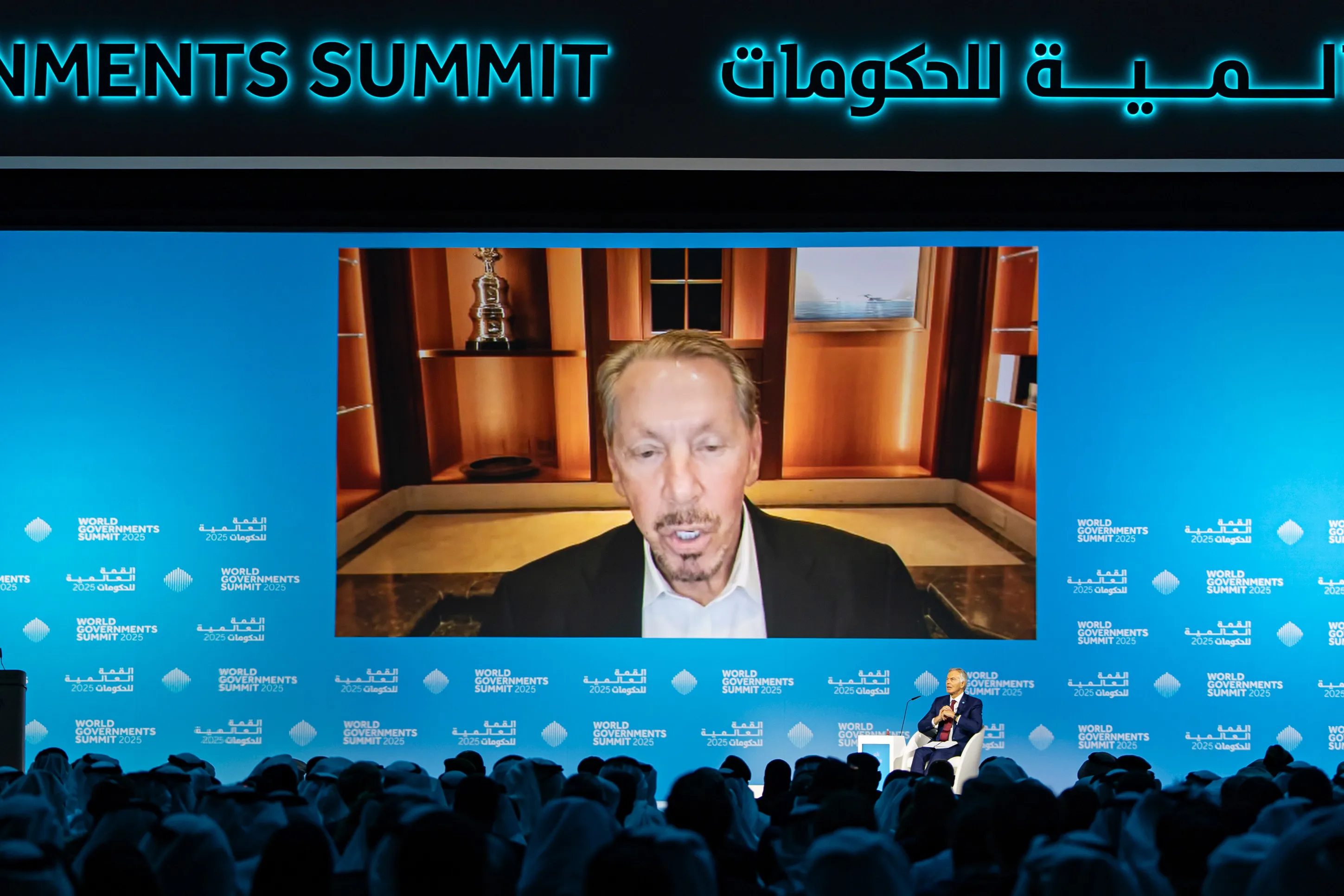Larry Ellison spoke via video link during an&nbsp;interview with former British Prime Minister&nbsp;Tony Blair&nbsp;at the World Government Summit in Dubai&nbsp;on Feb. 12.&nbsp;