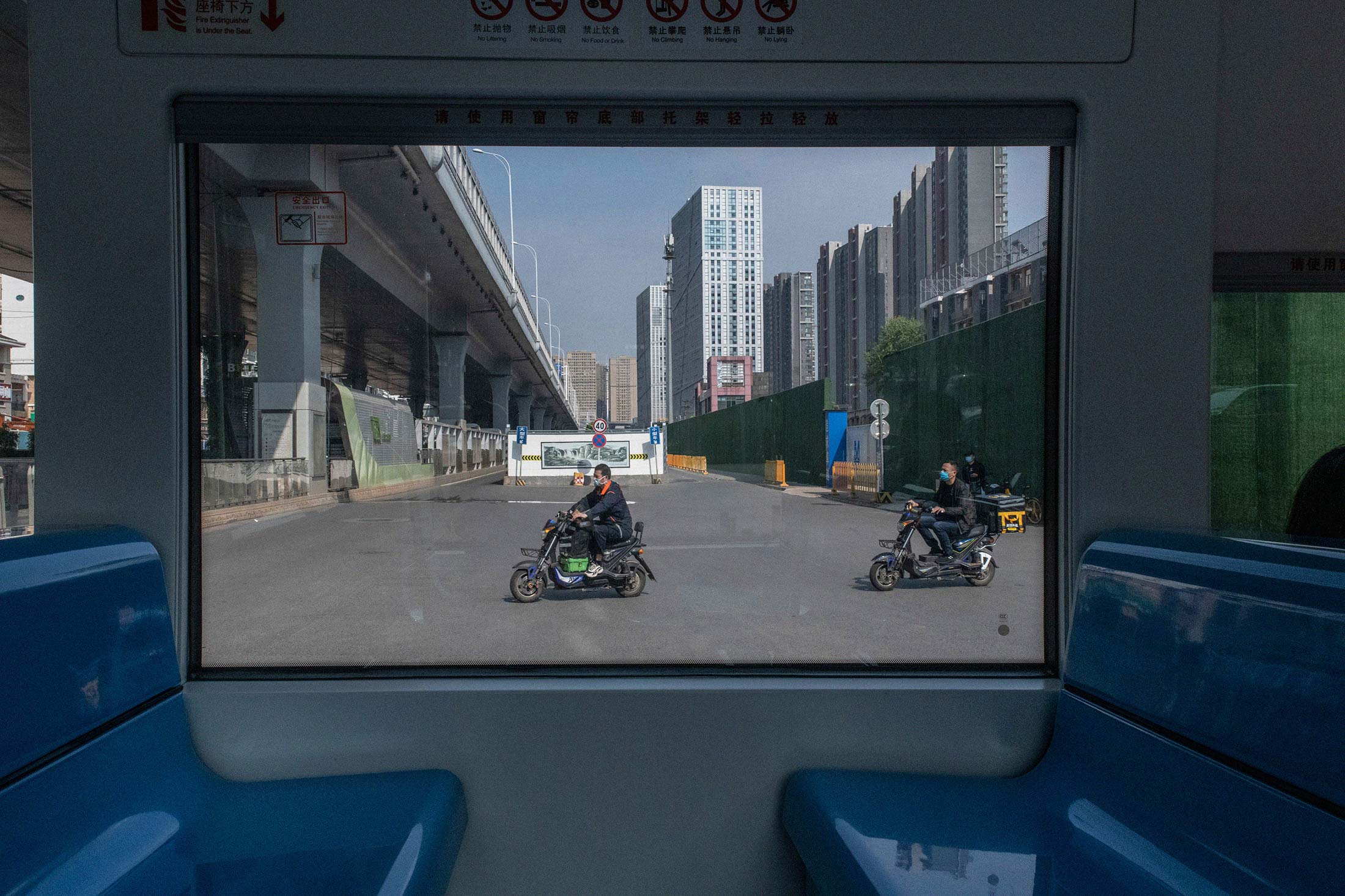 A view of Wuhan from inside an empty tram.
