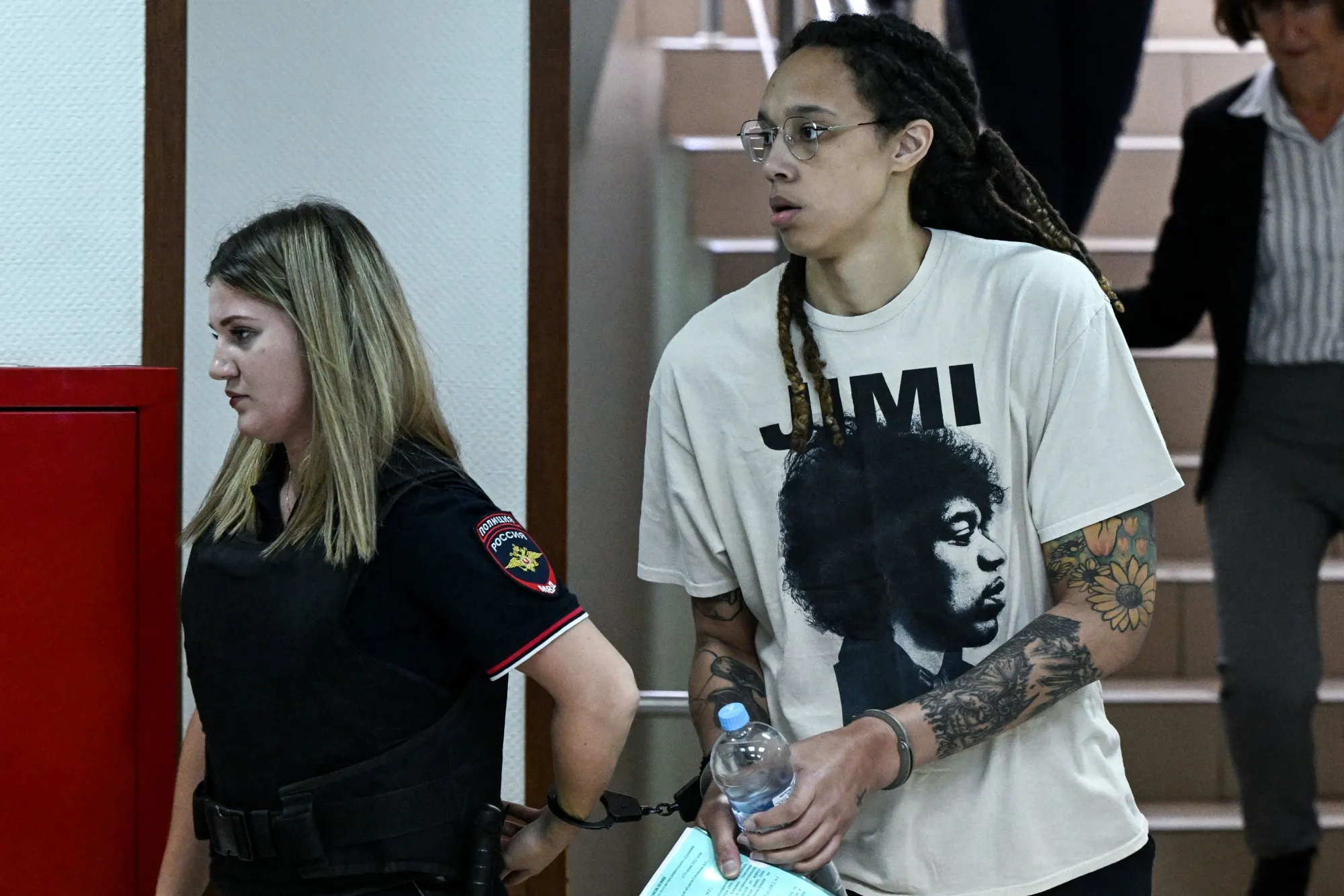 Brittney Griner arrives to a hearing at the Khimki Court, outside Moscow on July 1.