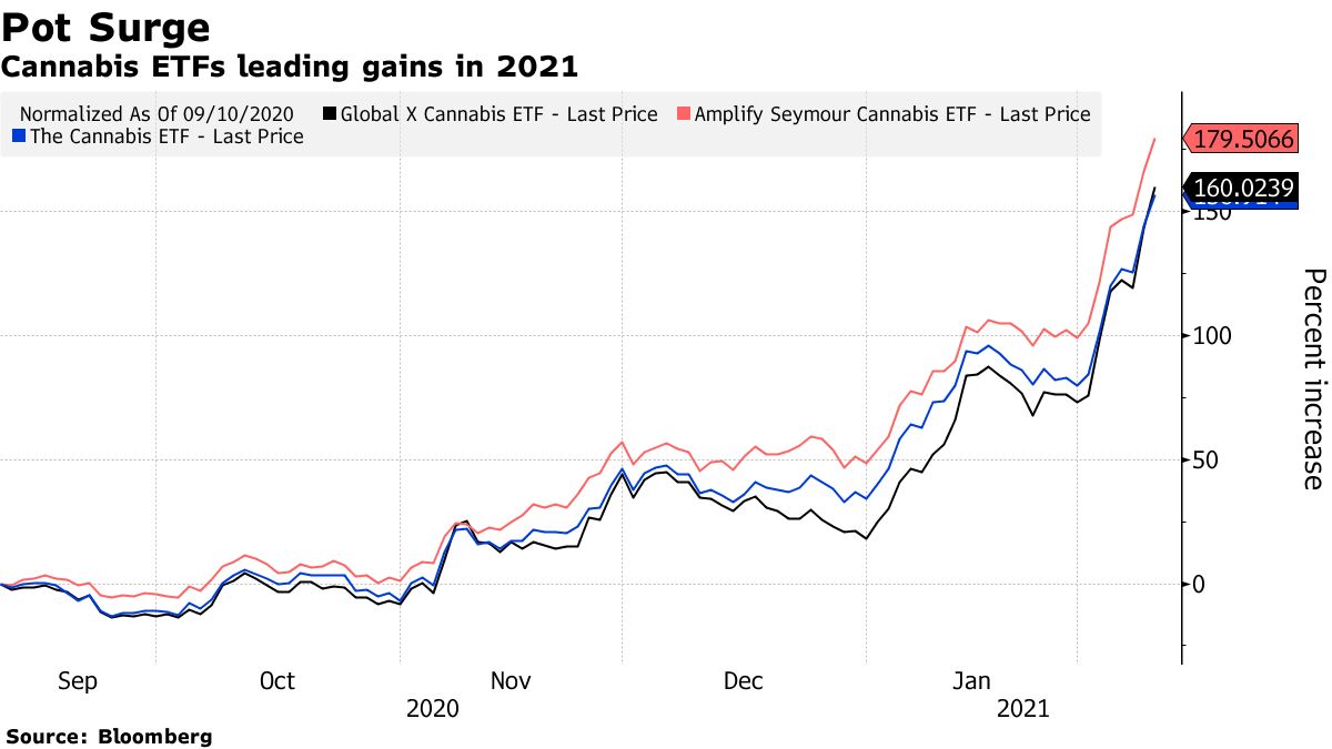 Pot ETF Trio Soars 90% to Open 2021 on Legalization Hopes, M&A - Bloomberg