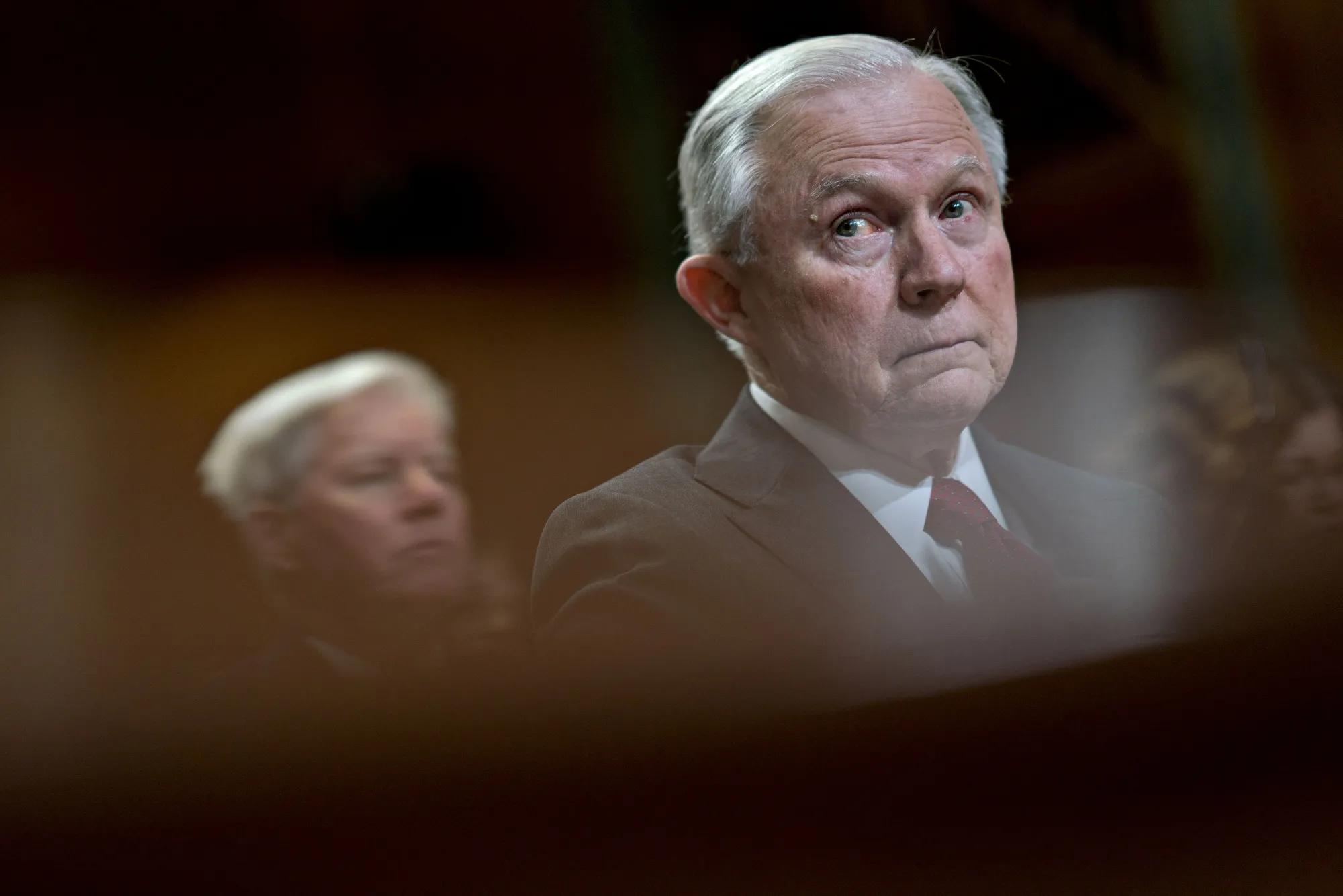 Jeff Sessions, U.S. attorney general, listens during a Senate Appropriations Subcommittee hearing in Washington, D.C.&nbsp;on&nbsp;April 25, 2018.