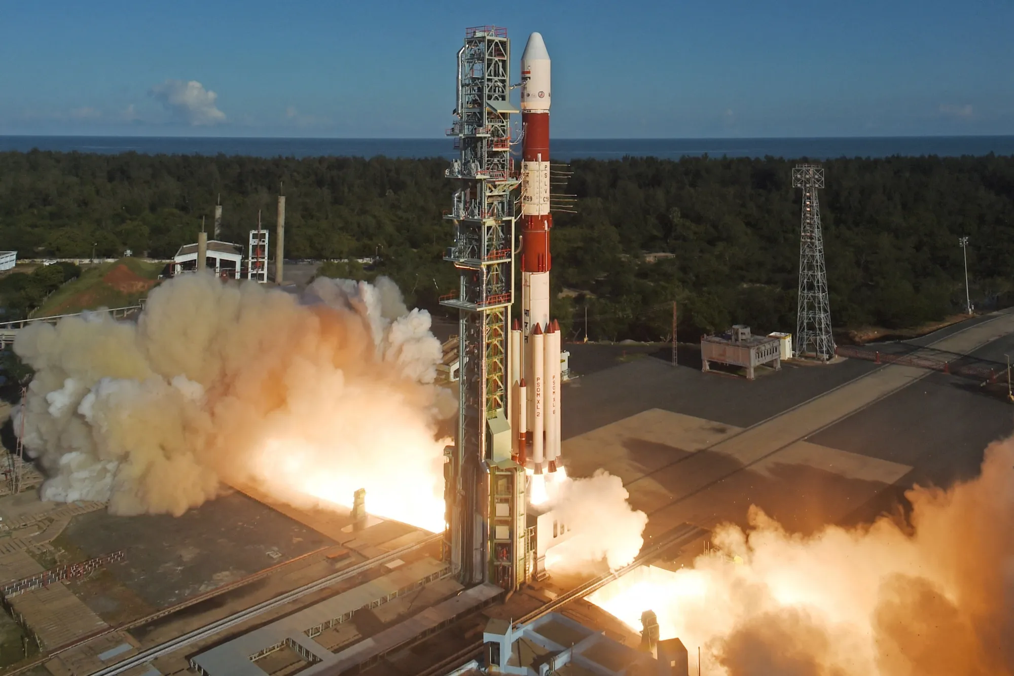 TOPSHOT - This handout photo taken and released by Indian Space Research Organisation (ISRO) on December 5, 2024, shows the launch of PSLV-C59 carrying two satellites of European Space Agency (ESA) Proba-3 spacecraft from the Satish Dhawan Space Centre in Sriharikota. India on December 5 successfully launched into space a pair of European satellites that will create artificial solar eclipses to help scientists catch a rare glimpse of the Sun's mysterious atmosphere. (Photo by Indian Space Research Organisation (ISRO) / AFP) / XGTY / RESTRICTED TO EDITORIAL USE - MANDATORY CREDIT "AFP PHOTO/INDIAN SPACE RESEARCH ORGANISATION (ISRO)" - NO MARKETING - NO ADVERTISING CAMPAIGNS - DISTRIBUTED AS A SERVICE TO CLIENTS (Photo by -/Indian Space Research Organisation (ISRO)/AFP via Getty Images) Photographer: -/AFP