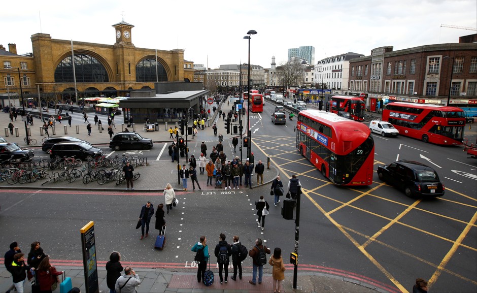 Traffic passes Kings Cross Station on London's Euston Road, which forms the boundary of the city's new Ultra Low Emissions Zone
