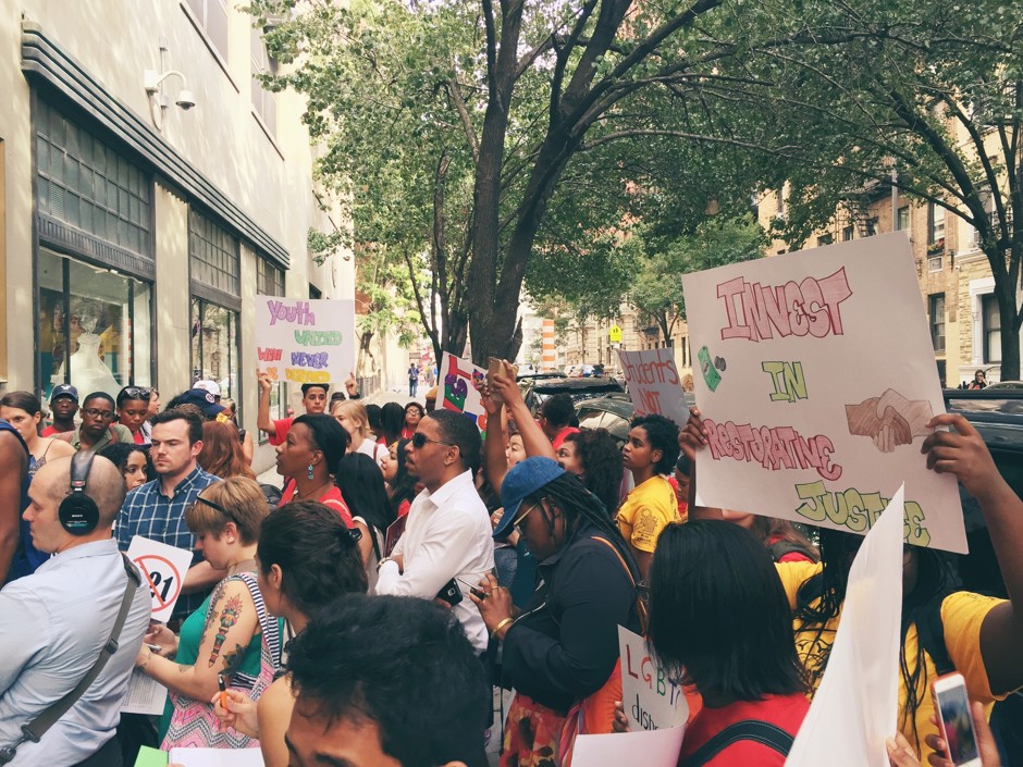 New York City students speak out in support of disciplinary reforms outside a hearing on Monday.