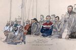 This court-sketch made on June 27, 2022, shows defendant Salah Abdeslam, right, standing next to the 13 other defendants&nbsp;during the trial of the November 2015 attacks that saw 130 people killed.