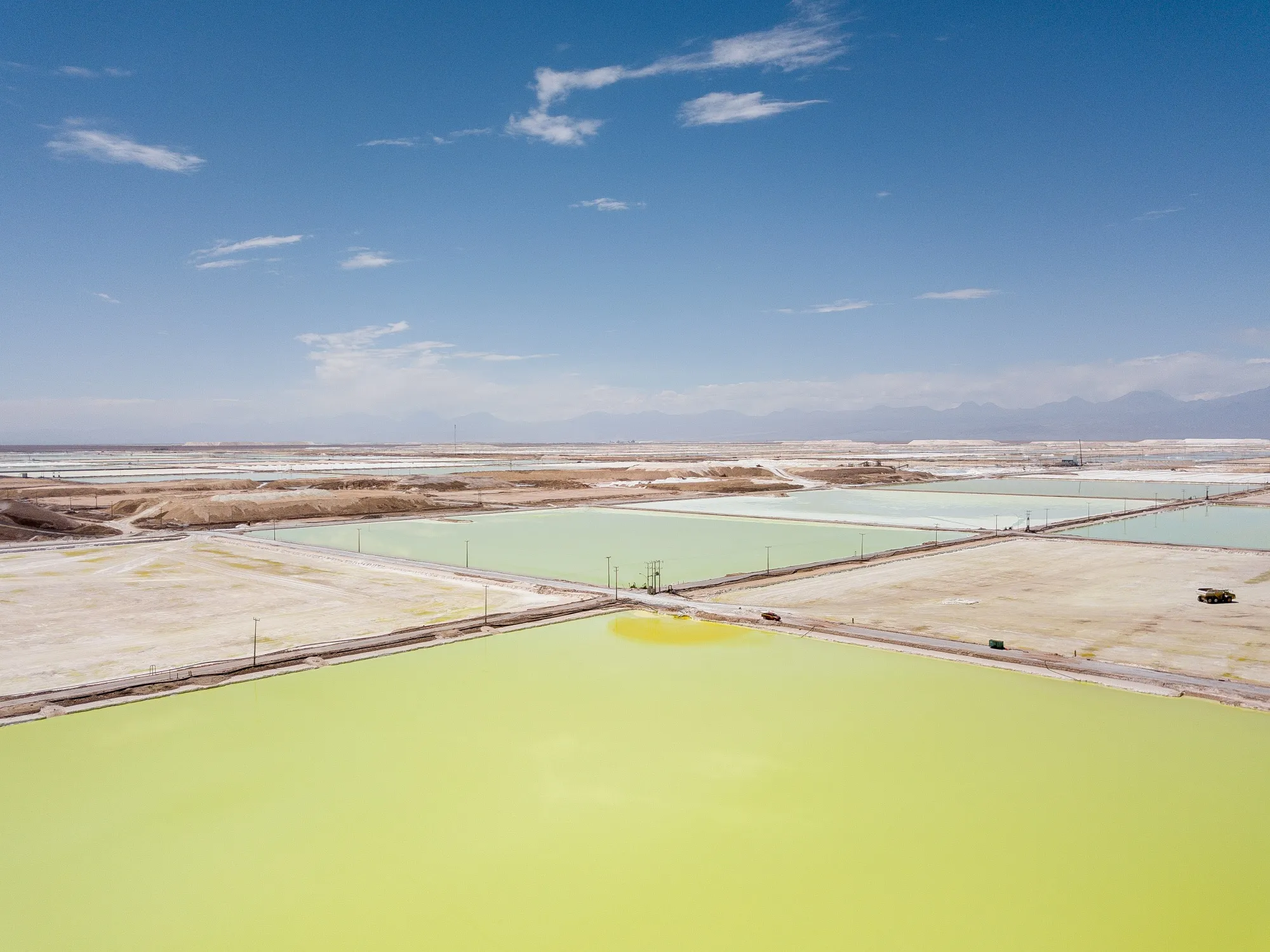 Brine pools at a SQM&nbsp;lithium mine on the Atacama salt flat in the Atacama Desert, Chile.&nbsp;