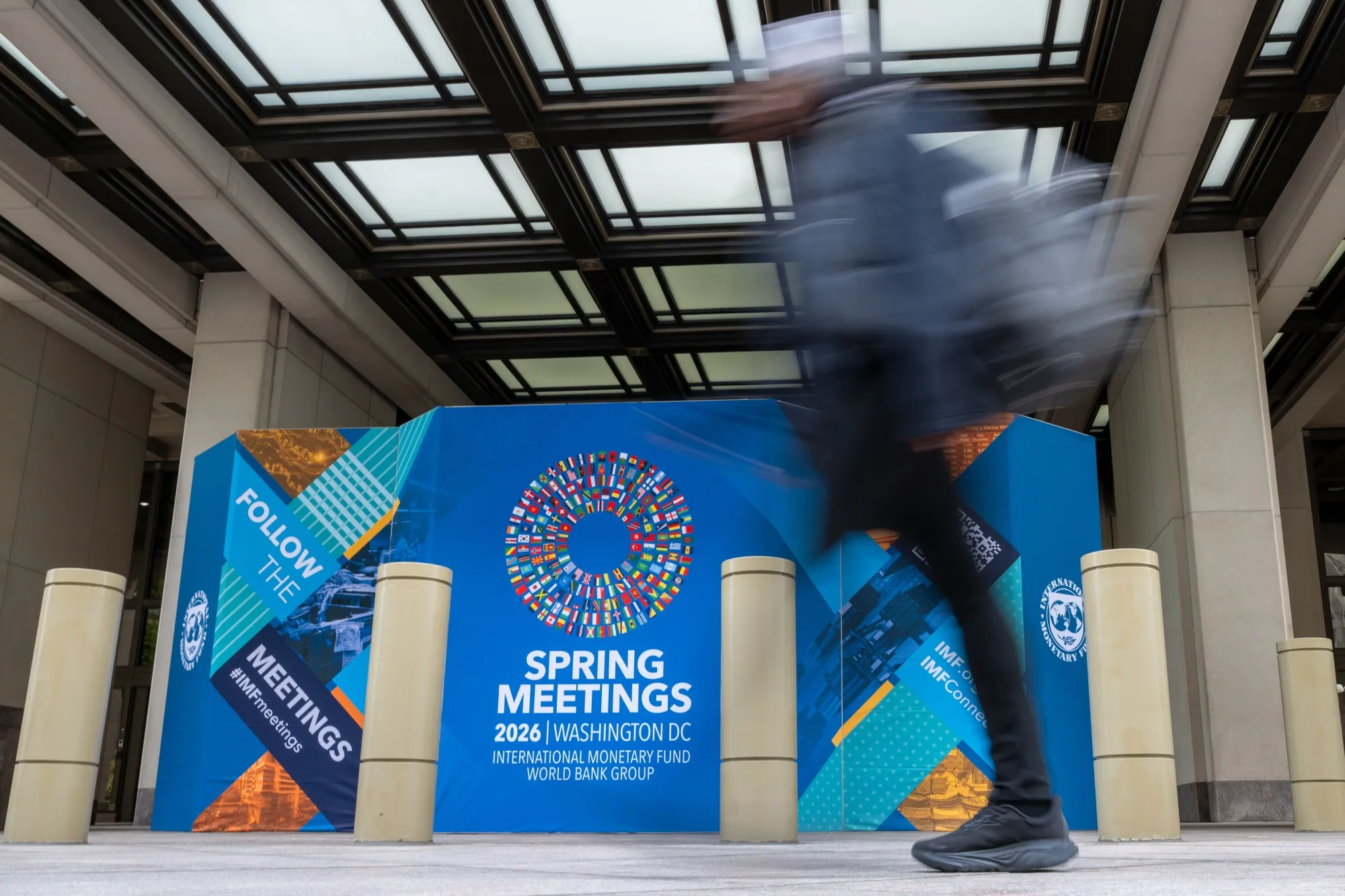IMF and World Bank Spring meetings signage outside the IMF headquarters in Washington, DC.