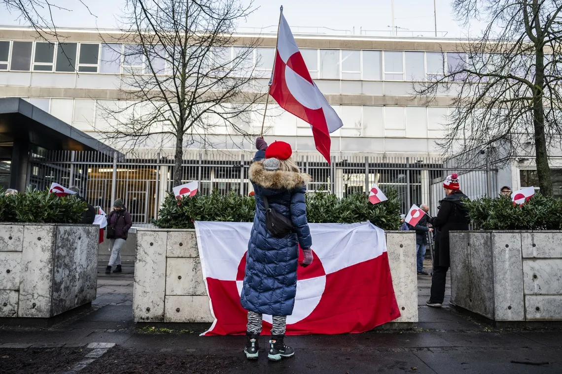 Protesters with Greenland flags gather for a protest outside the United States embassy&nbsp;in Copenhagen on Jan. 14.&nbsp;