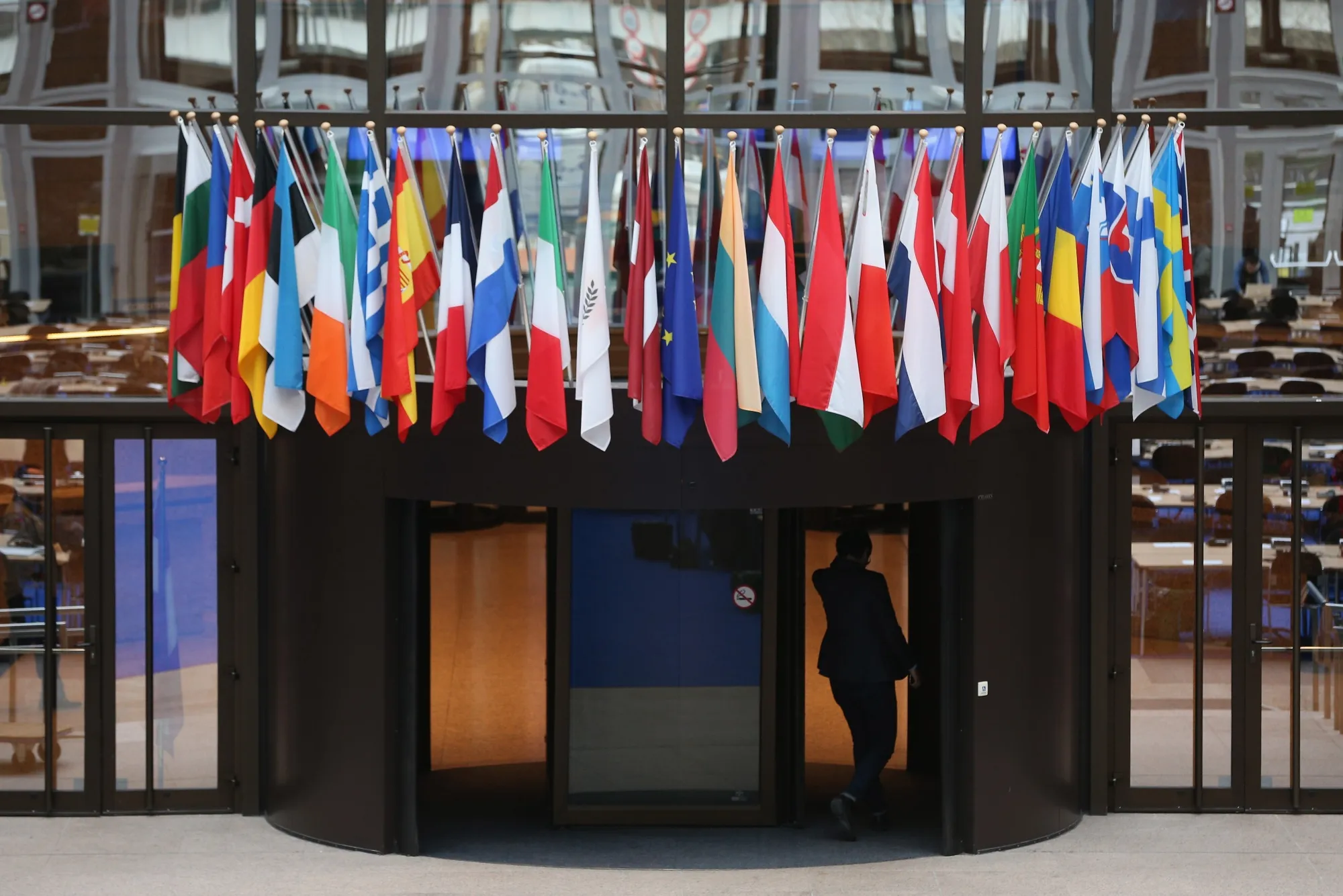 Flags of the European Union member states at the Council of the European Union's Lex building&nbsp;in Brussels, Belgium.&nbsp;