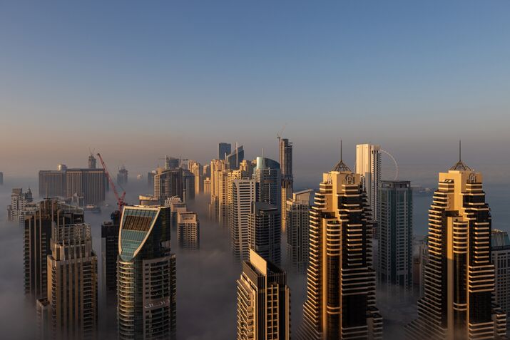 Dubai City Skyline in Dense Fog