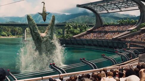Jurassic World's seaside stadium goes wild during the Mosasaurus Feeding Show. Source: Universal Pictures' Jurassic World Official Teaser Trailer, © Universal Pictures/YouTube via Bloomberg