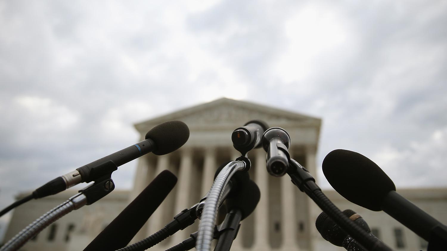 Microphones are set up in front of the U.S. Supreme Court, June 30, 2014 in Washington, DC.
