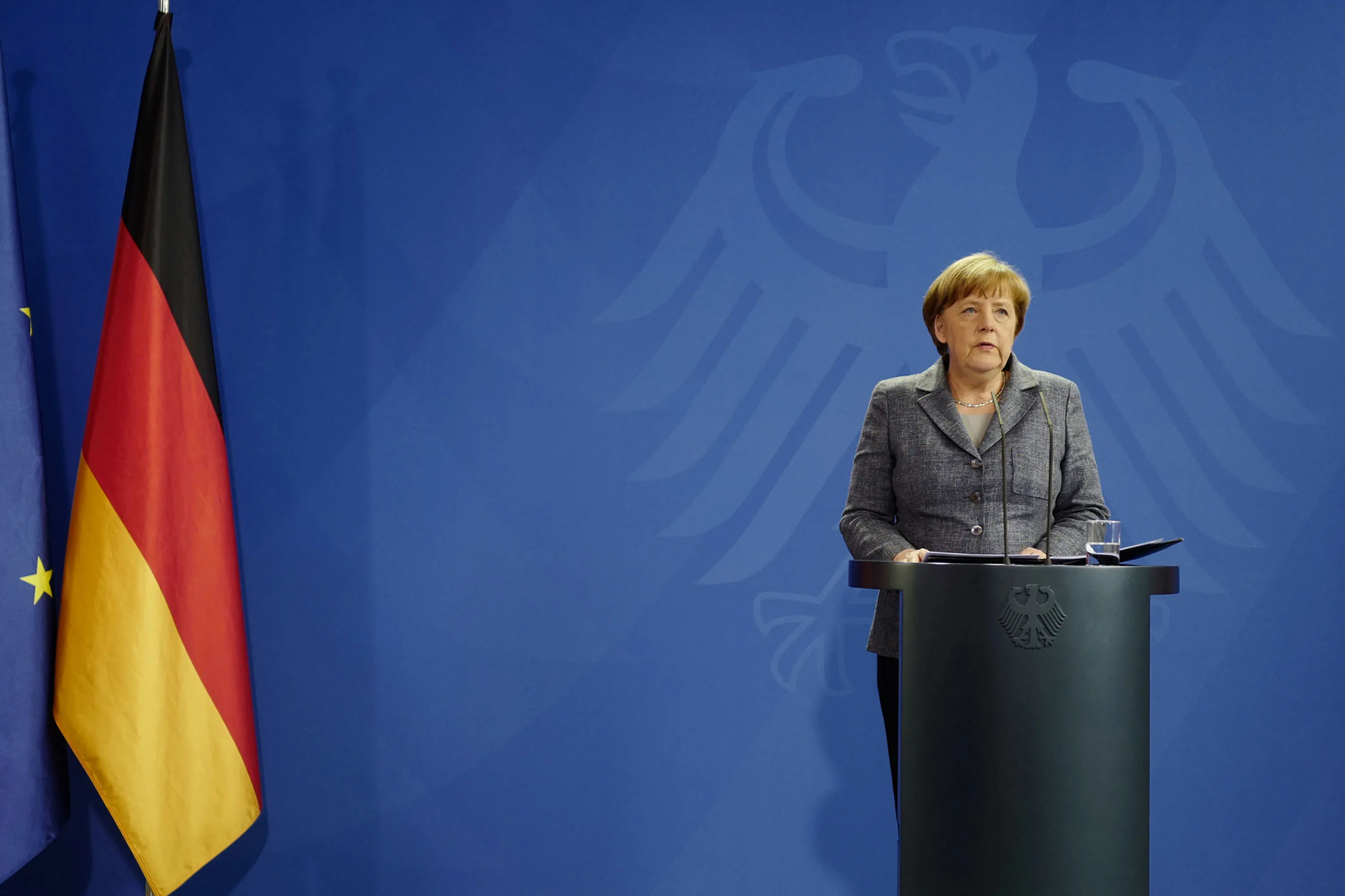 German Chancellor Angela Merkel arrives to address the press on April 15, 2016 at the Chancellery in Berlin.
