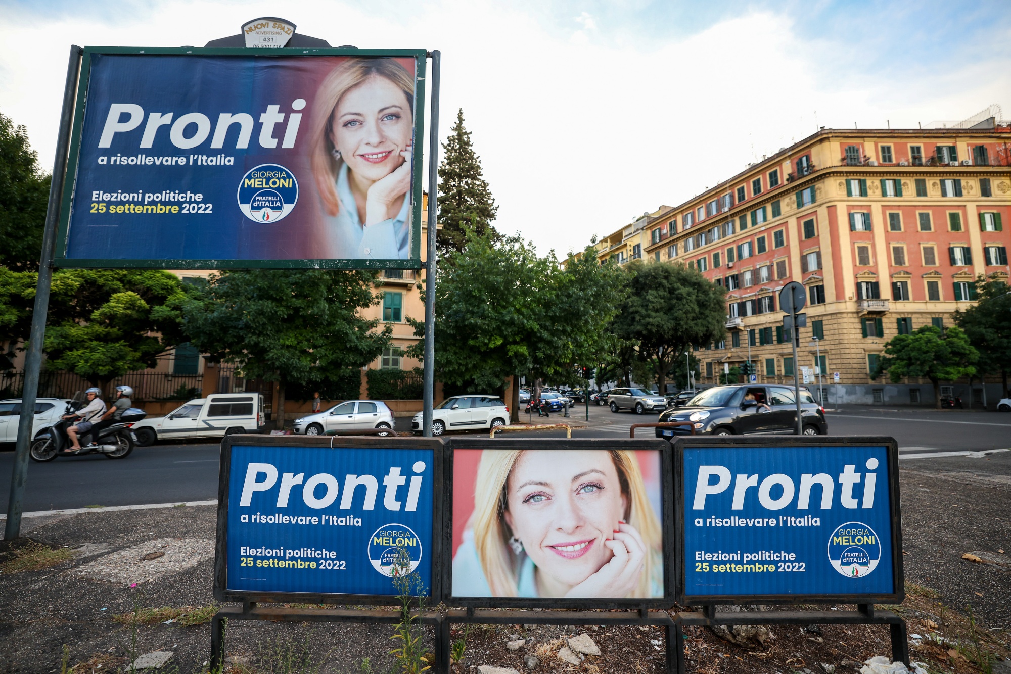 Election posters featuring an image of Giorgia Meloni, leader of the Brothers of Italy party, reading &quot;Ready To Revive Italy.&quot;
