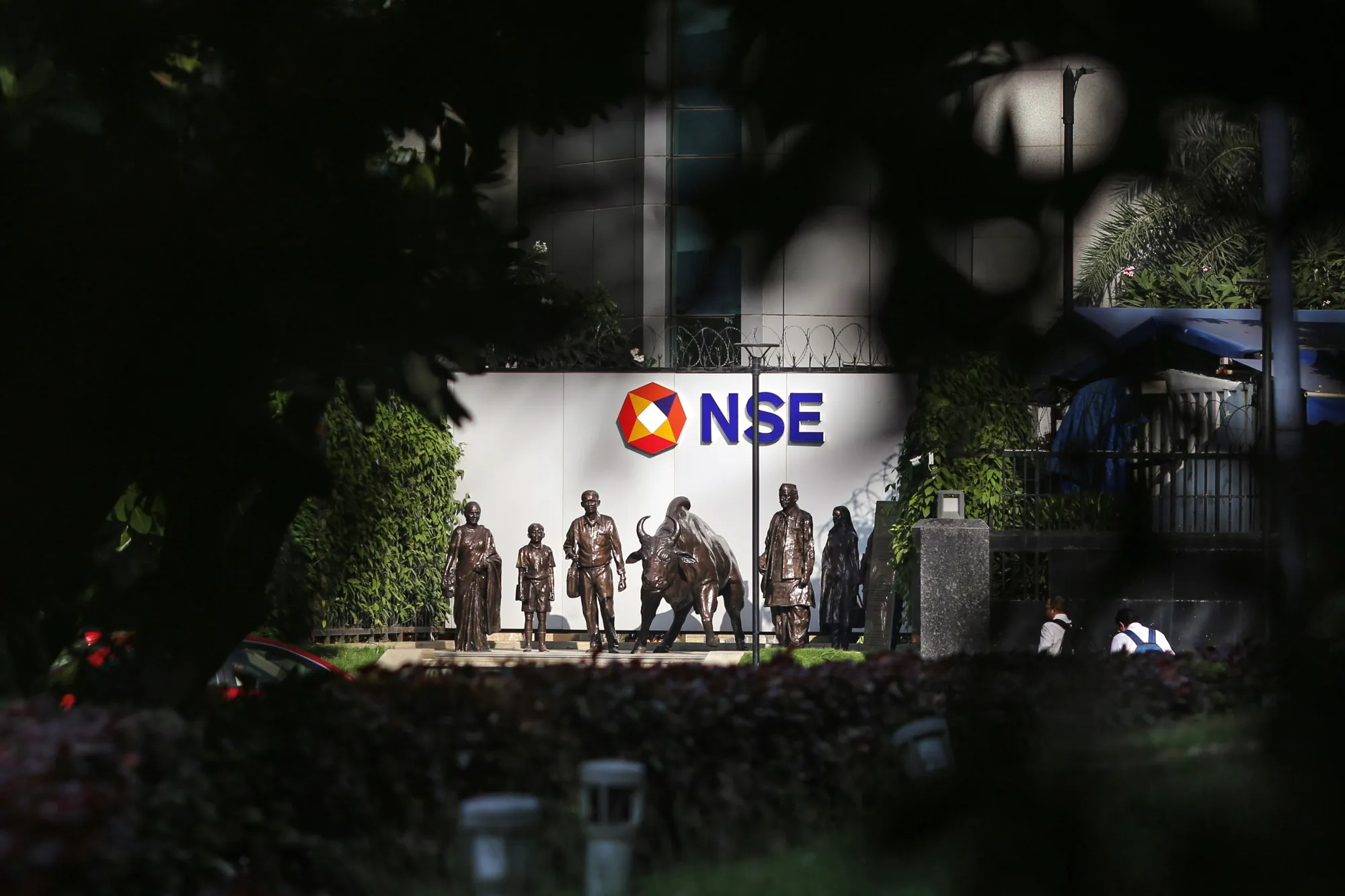 Statues outside the National Stock Exchange (NSE) building in Mumbai, India.