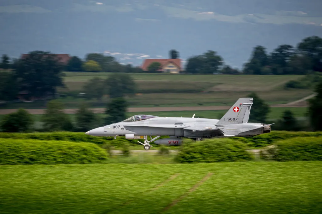 A F/A-18 fighter jet during tests of Swiss Air force between Avenches and Payerne, western Switzerland.&nbsp;