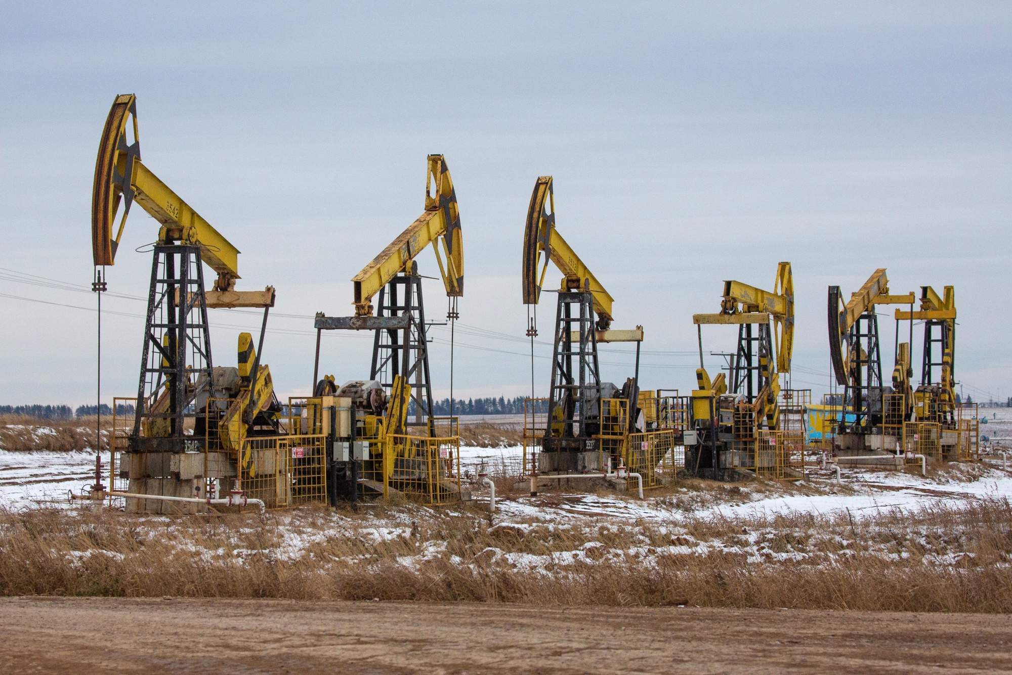 Oil pumping jacks, also known as &quot;nodding donkeys&quot;in a Rosneft Oil Co. oilfield near Sokolovka village, in the Udmurt Republic, Russia, on Friday, Nov. 20, 2020.&nbsp;