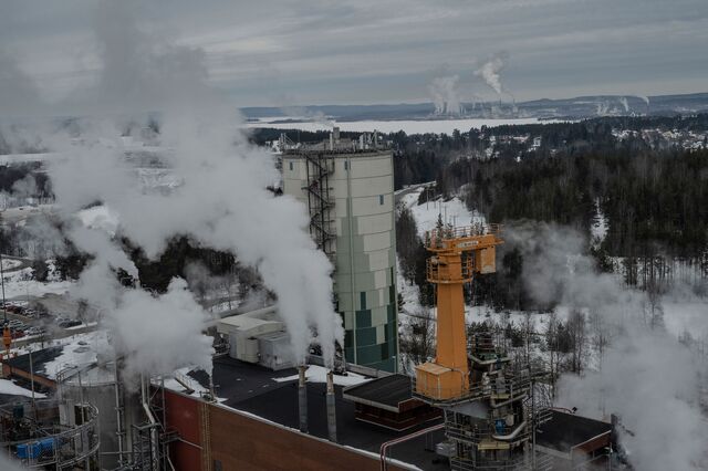 Smoke stacks outside paper mill