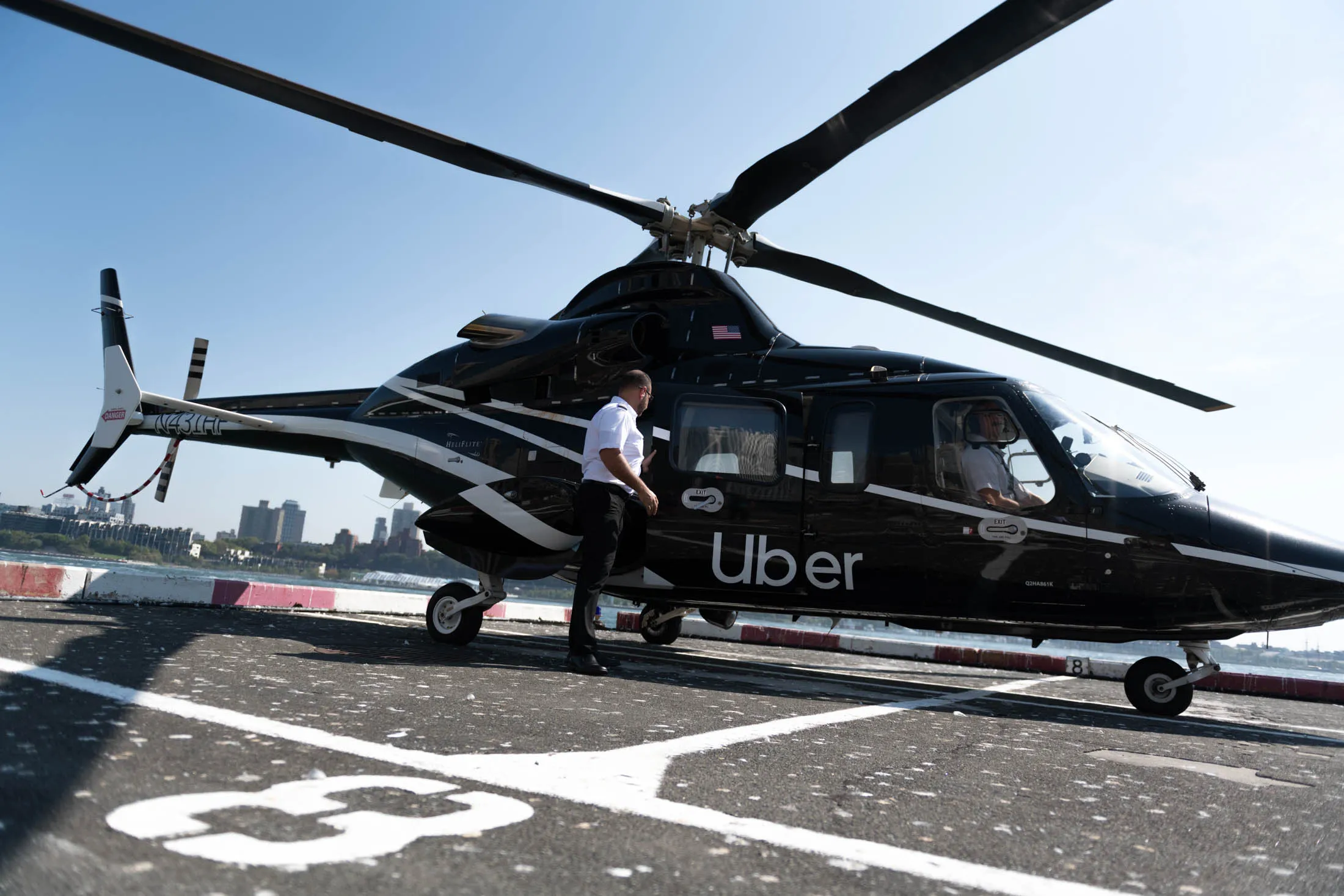 An Uber helicopter at the downtown Manhattan heliport.