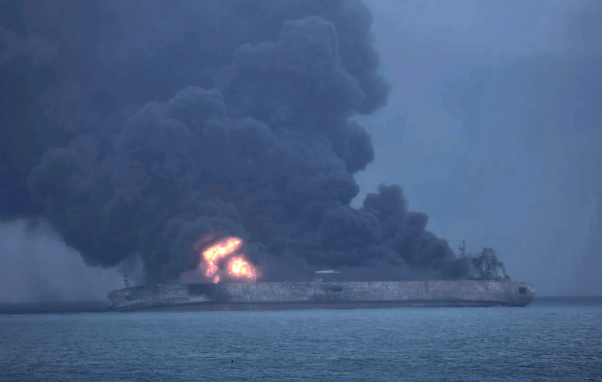 The oil tanker on fire after a collision on Jan. 7.
