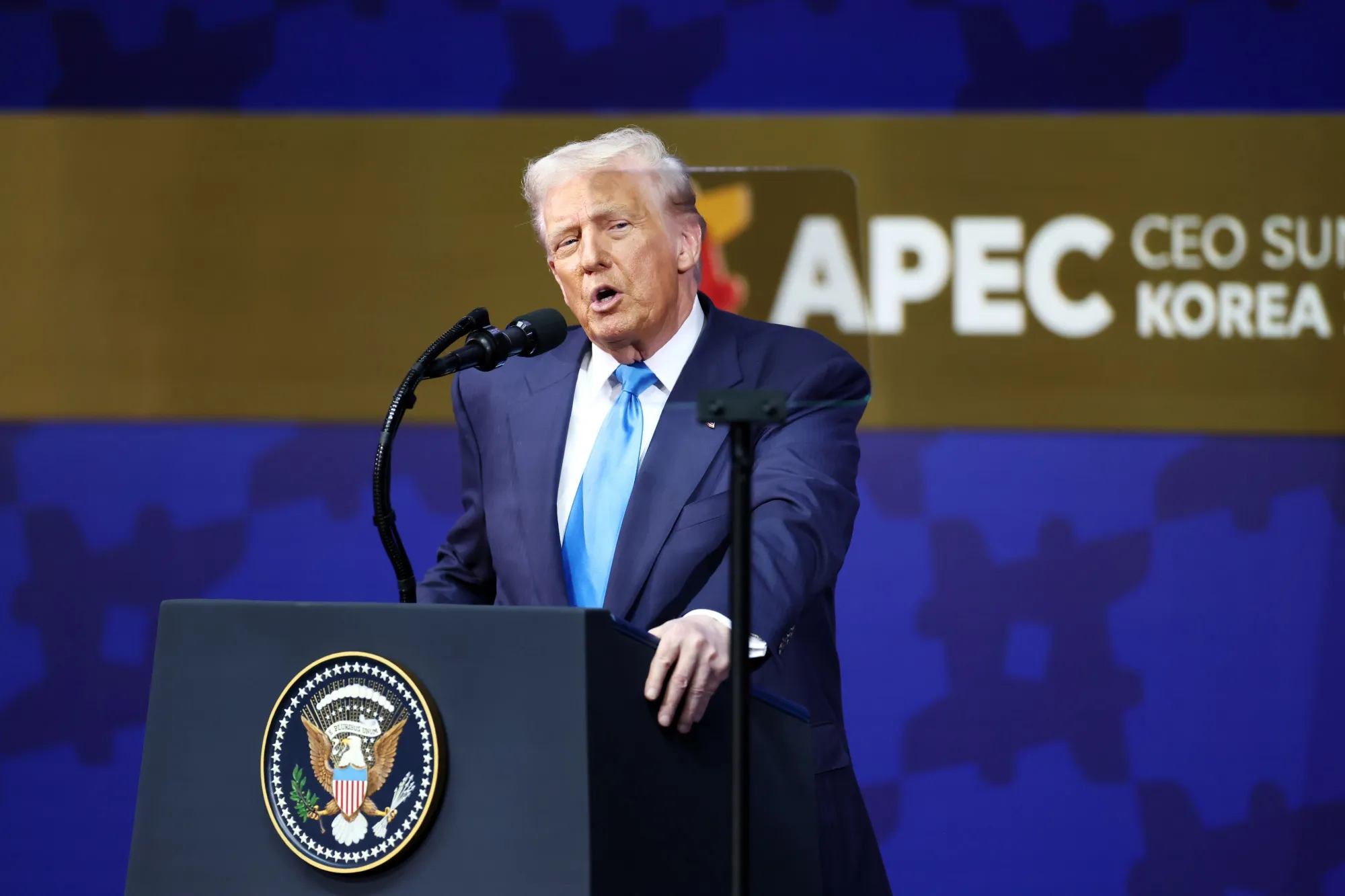 Donald Trump speaks at the APEC CEO Summit in Gyeongju, South Korea.