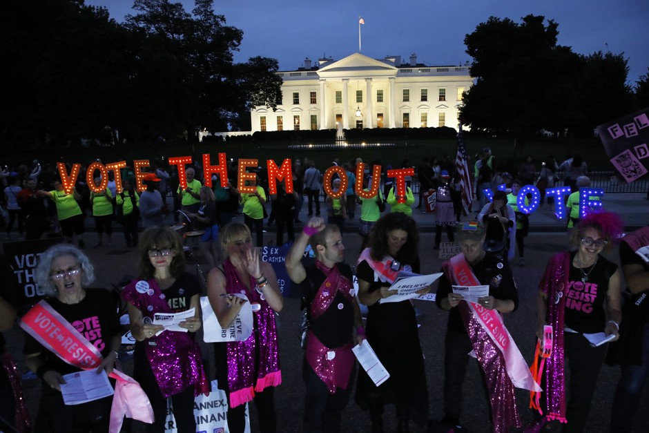 Protesters demonstrated outside the White House to oppose the confirmation of Supreme Court Justice Brett Kavanaugh.