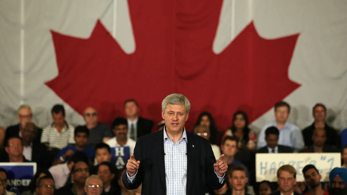 Prime Minister Stephen Harper on his campaign trail. Photographer: Steve Russell/Toronto Star via Getty Images
