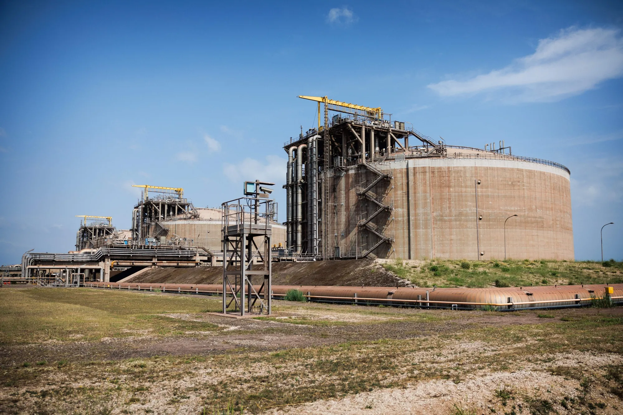 This picture shows the three giant gas storage tanks of Liquefied Natural Gas&nbsp;terminal in Fos-sur-Mer, France.