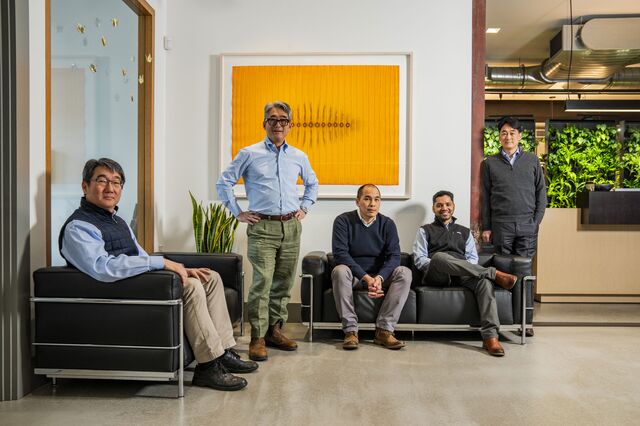 A group portrait of Fermat Capital Management's Anqi Liu, director of private market, from left, John Seo, co-founder and managing director, Tony Pham, director of modeling and analytics, Mayank Mishra, senior risk analyst, and Nelson Seo,  co-founder and managing director, at the company office in Westport. 