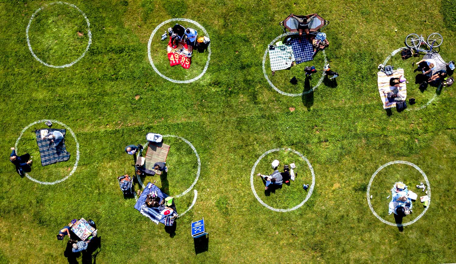 Aerial view of people picnicing inside circles painted six feet apart on the grass in Dolores Park in San Francisco on May 22