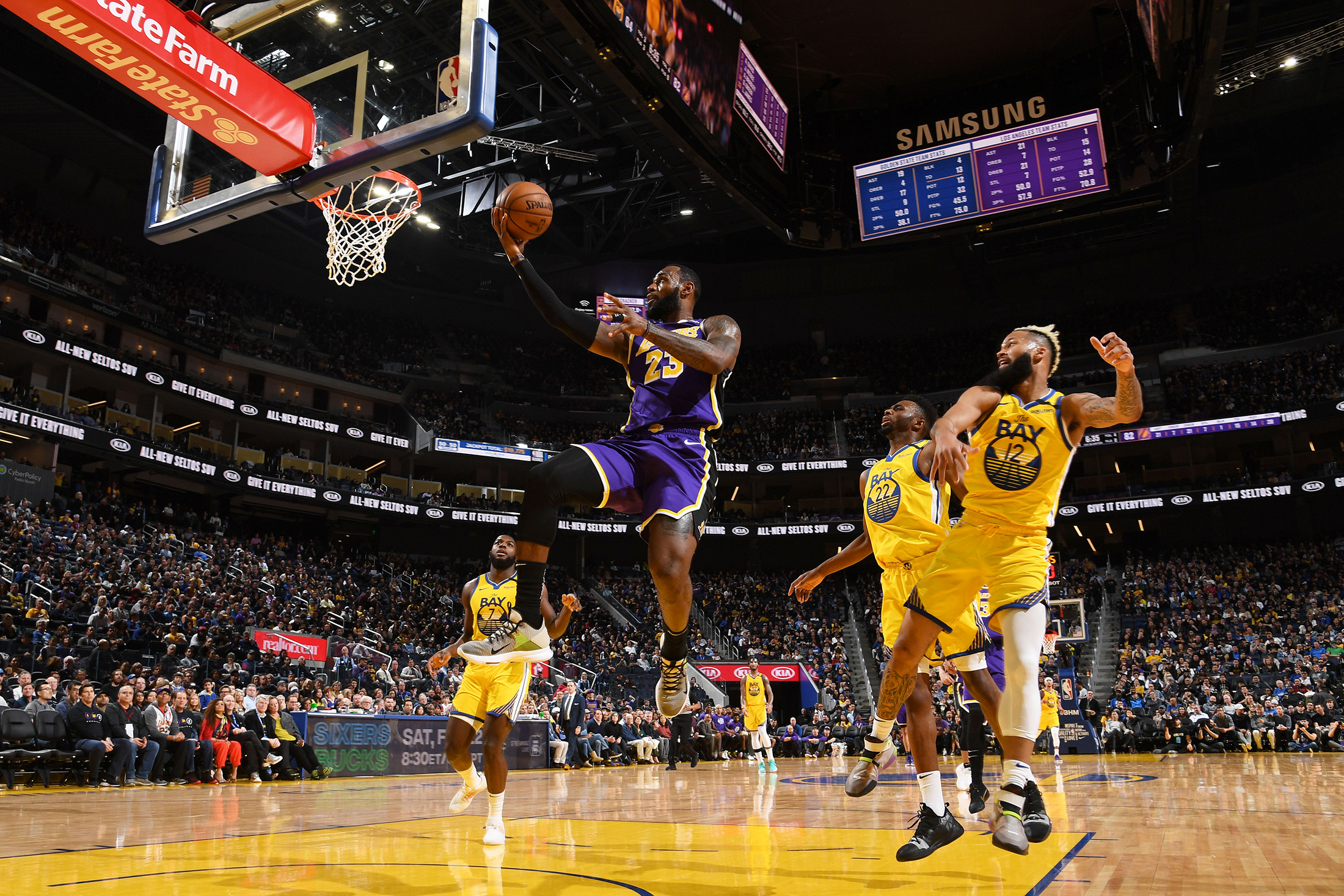 LeBron James of the Los Angeles Lakers dunks the ball during the