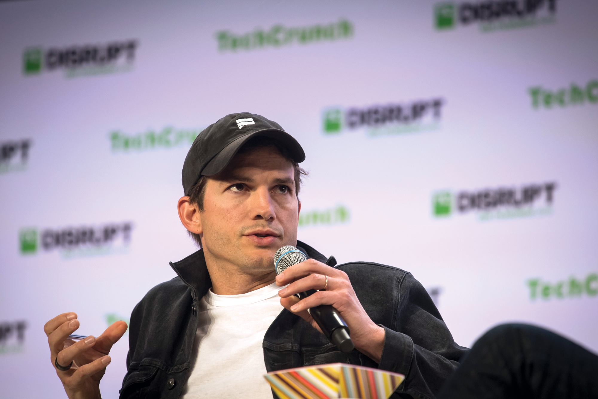Actor Ashton Kutcher, founding partner of Sound Ventures LLC, speaks during TechCrunch Disrupt 2019 in San Francisco