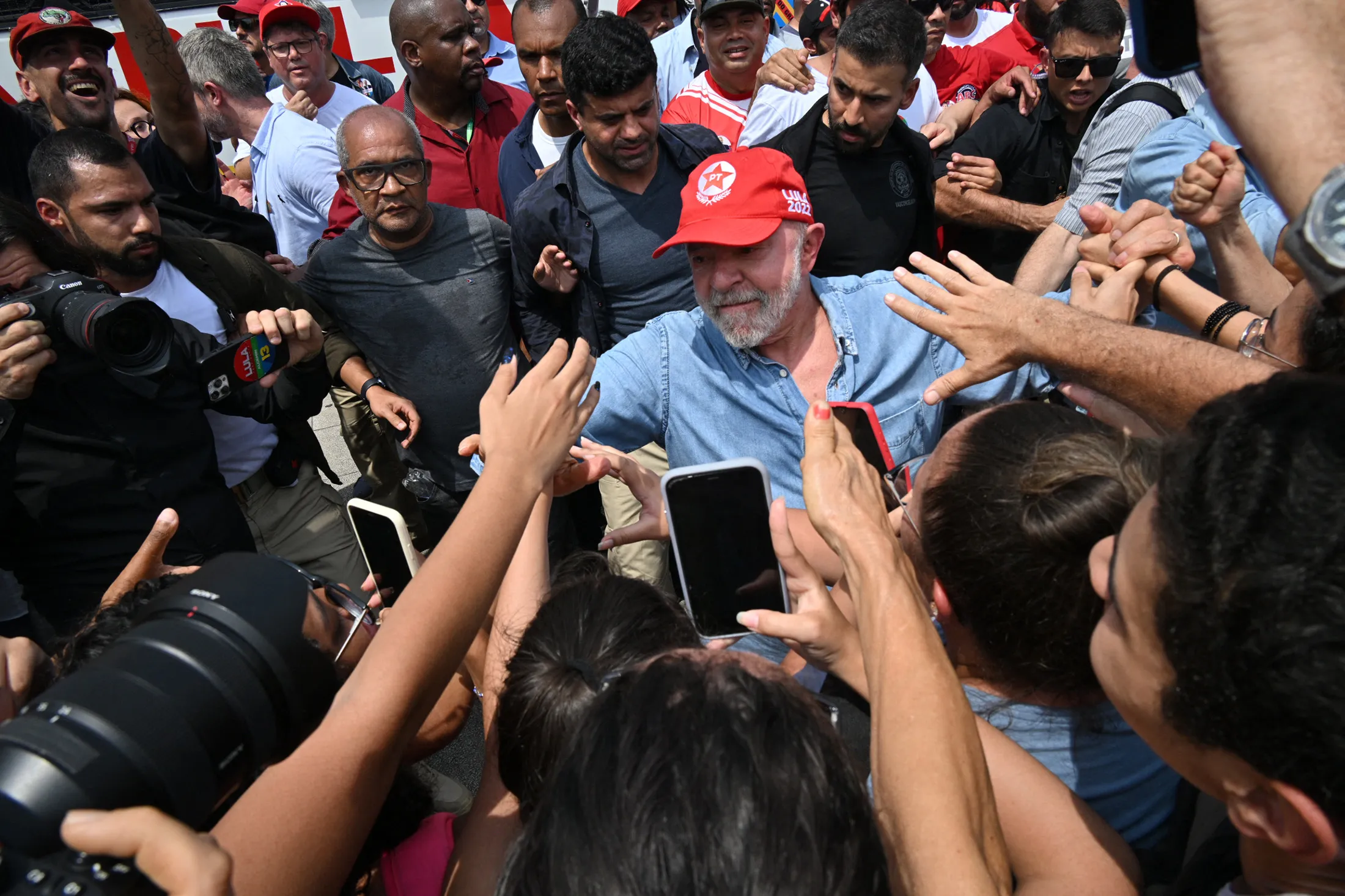 Luiz Inacio Lula da Silva greets supporters during a campaign rally in Sao Bernardo do Campo, Brazil, on Oct. 6.