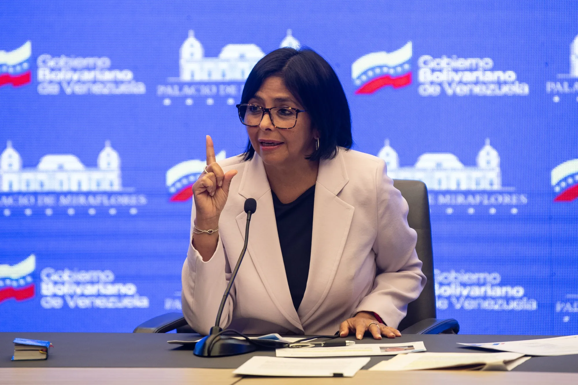 Delcy Rodriguez, Venezuela's vice president, during a news conference at Miraflores Palace in Caracas, Venezuela.&nbsp;